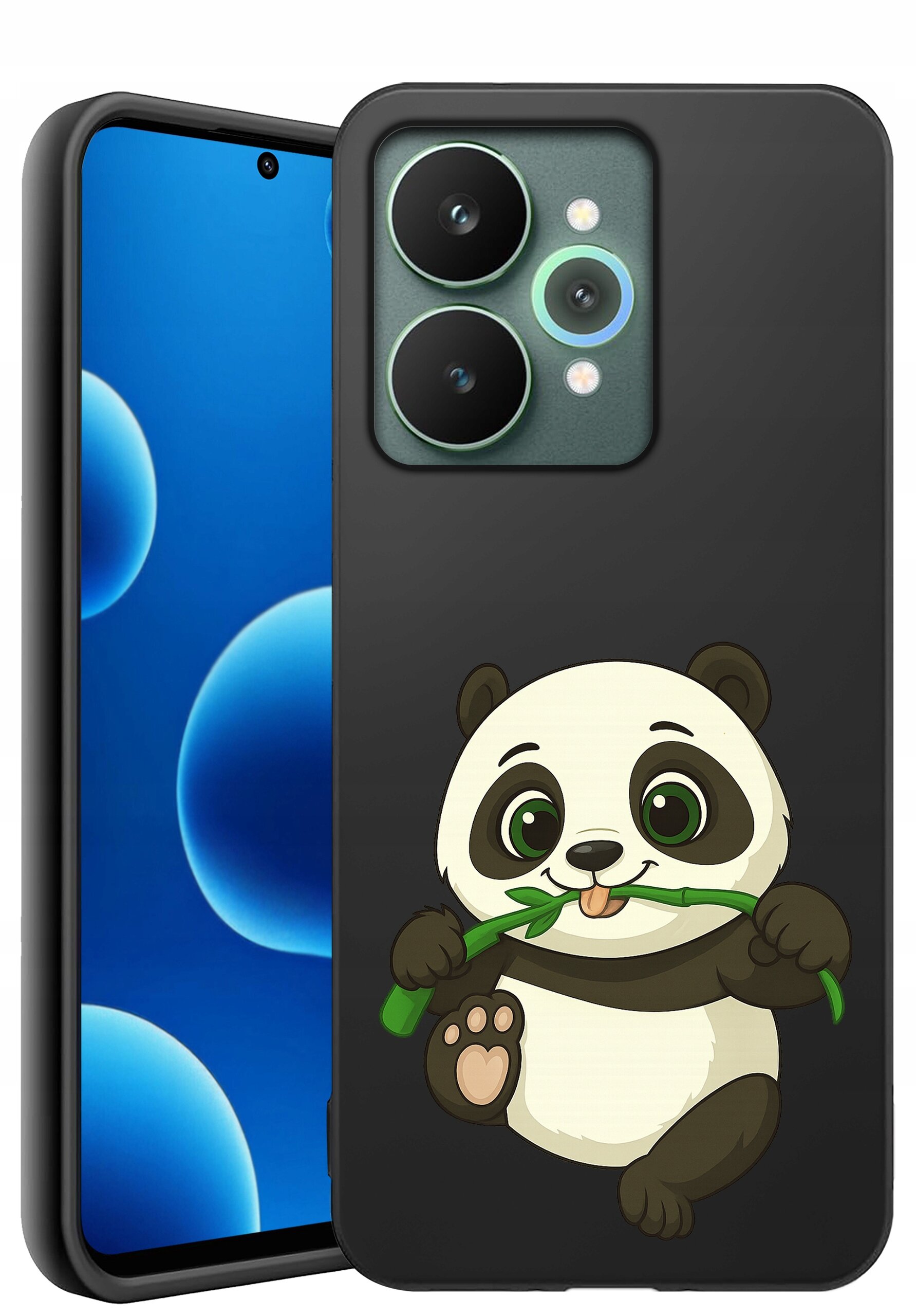 Czarne silikonowe etui na telefon z nadrukiem uśmiechniętej pandy trzymającej bambus. Obok widoczny jest telefon z niebieskim ekranem i trzema aparatami fotograficznymi.