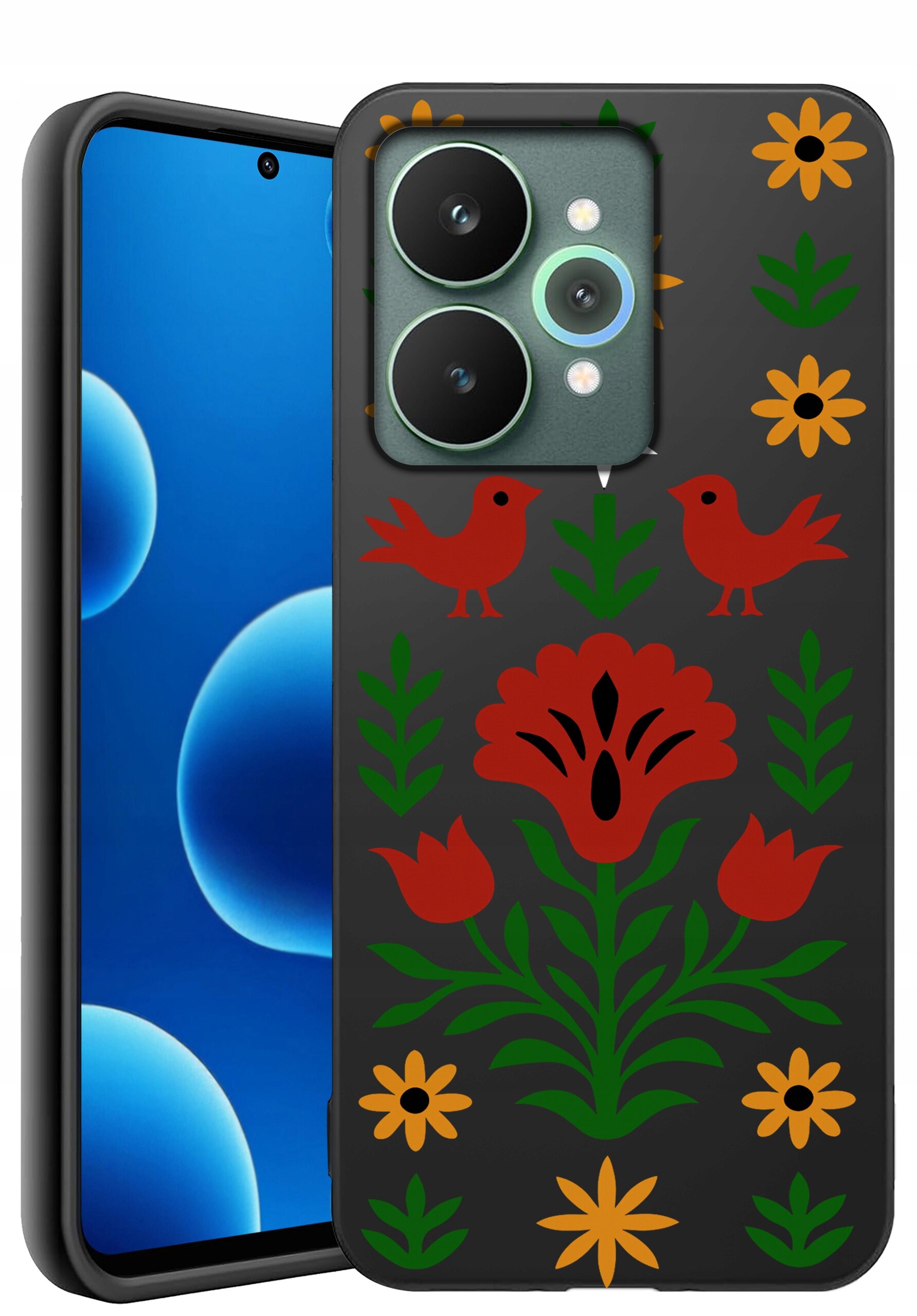 Etui na telefon z kolorowym wzorem przedstawiającym czerwone ptaki, kwiaty i zielone liście na ciemnym tle. Obok widoczny jest telefon z wyświetlaczem pokazującym niebieskie okręgi.