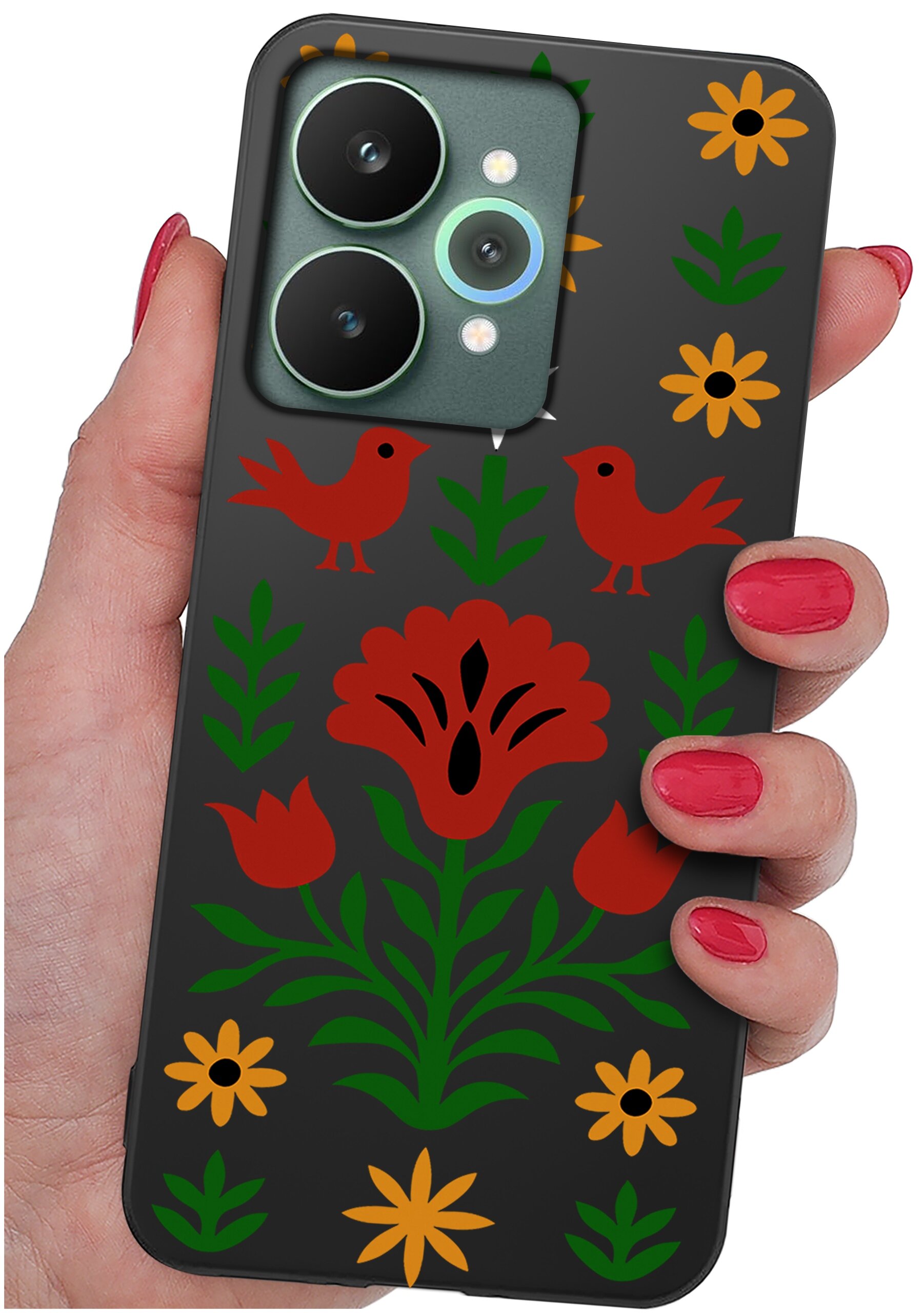 Etui na telefon z czarnym tłem ozdobione kolorowym wzorem kwiatowym i dwoma czerwonymi ptakami. Osoba trzymająca etui ma pomalowane na czerwono paznokcie.