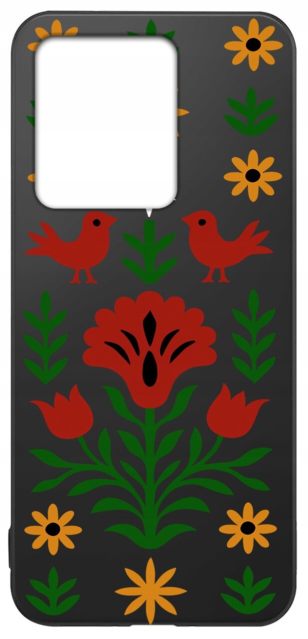Etui na telefon z czarnym tłem ozdobione czerwonymi ptakami i kwiatami w kolorach czerwonym, zielonym i żółtym.