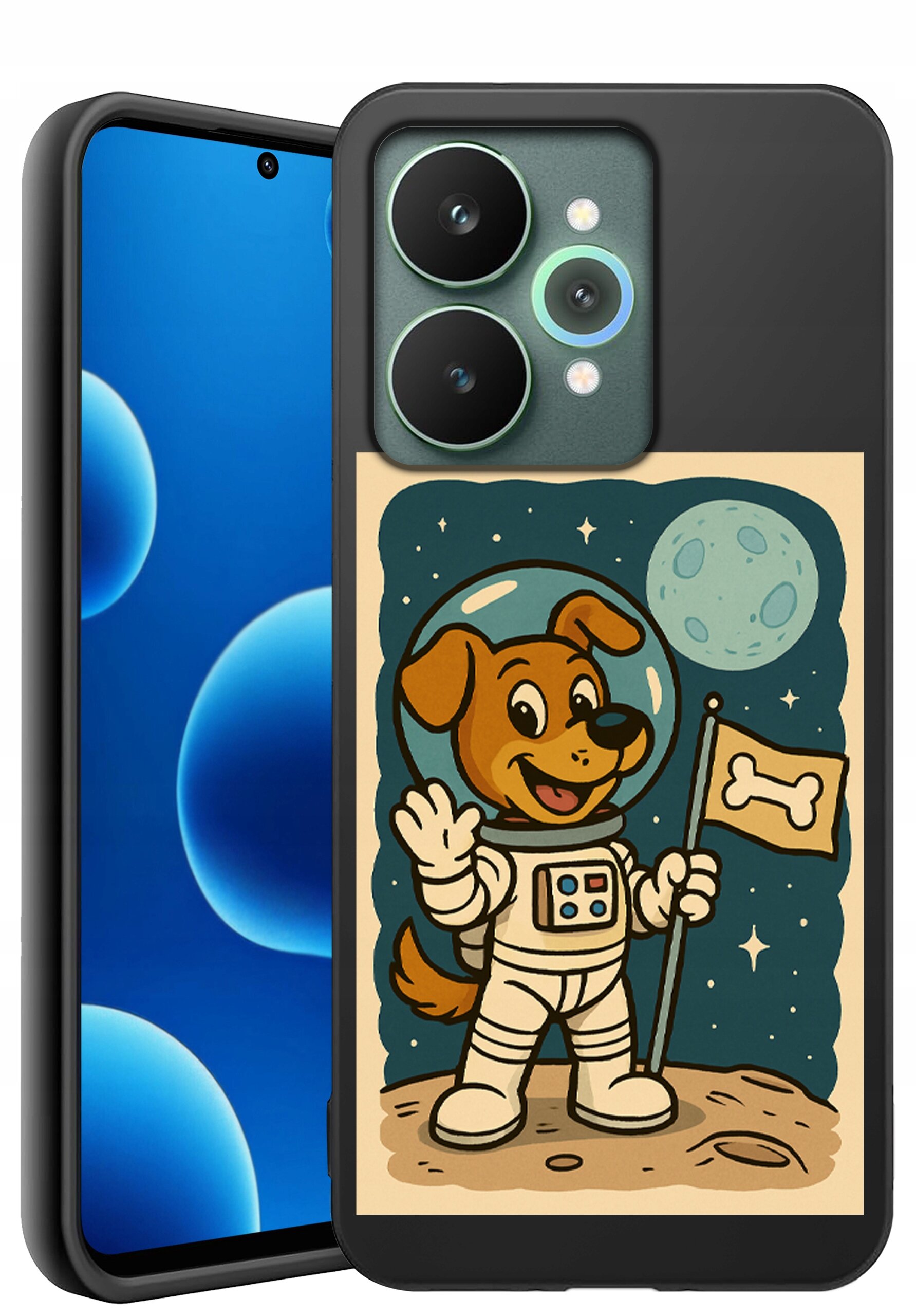 Etui na telefon z grafiką przedstawiającą psa w skafandrze kosmicznym, trzymającego flagę z kością na tle księżyca i gwiazd. Telefon obok etui ma wyświetlacz z niebieskim tłem i ciemnymi okręgami.