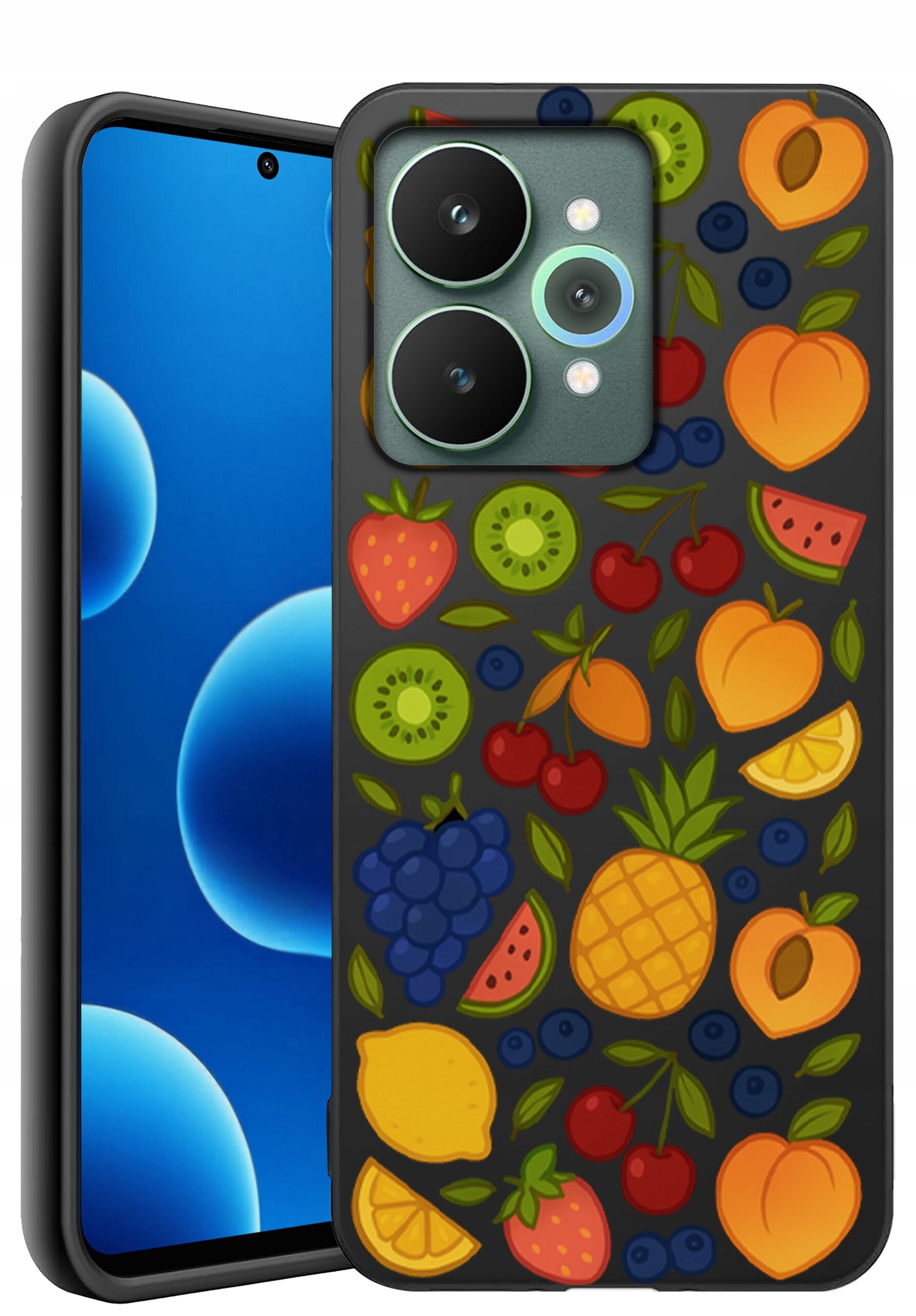 Etui na telefon z kolorowym wzorem owoców, takich jak truskawki, kiwi, winogrona, ananasy i cytryny, na ciemnym tle. Obok widoczny jest telefon z wyświetlaczem pokazującym niebieskie okręgi.