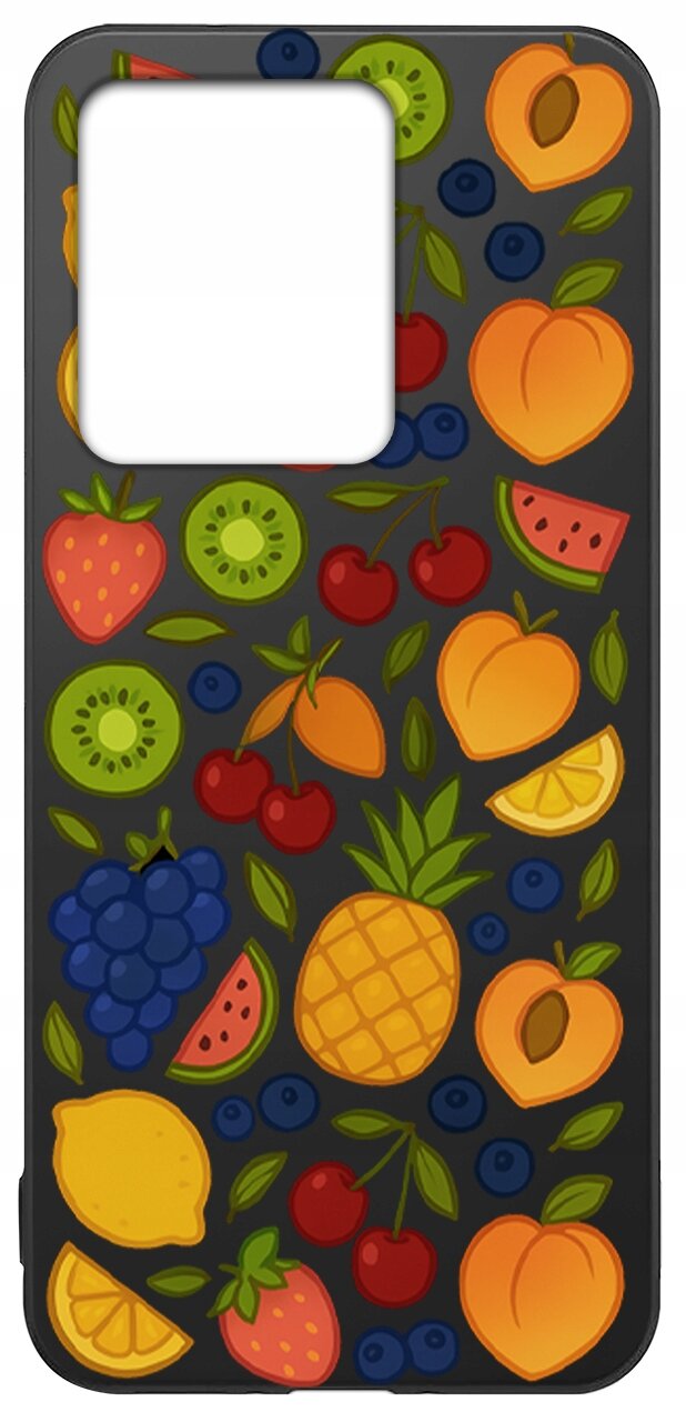 Etui na telefon z kolorowym wzorem owoców, takich jak ananas, winogrona, kiwi, truskawki, cytryny i brzoskwinie, na ciemnym tle. W górnej części znajduje się duży otwór na aparat.