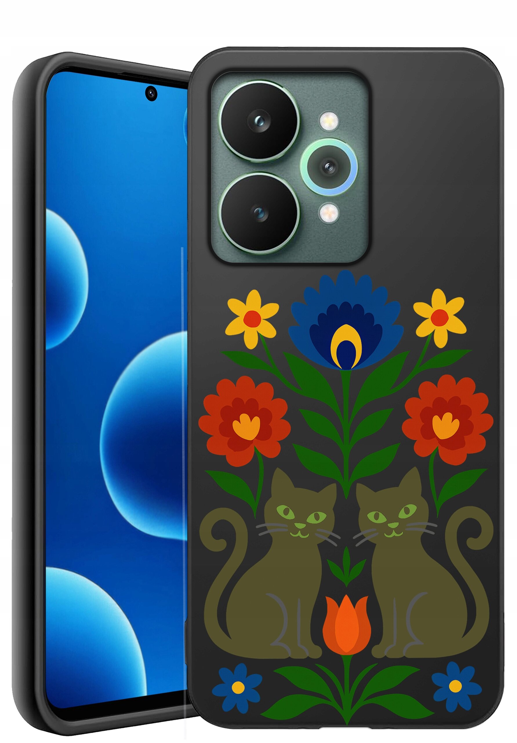 Etui na telefon z kolorowym wzorem przedstawiającym dwa koty otoczone kwiatami na ciemnym tle. Obok etui widoczny jest telefon z wyświetlaczem pokazującym niebieskie okręgi na czarnym tle.