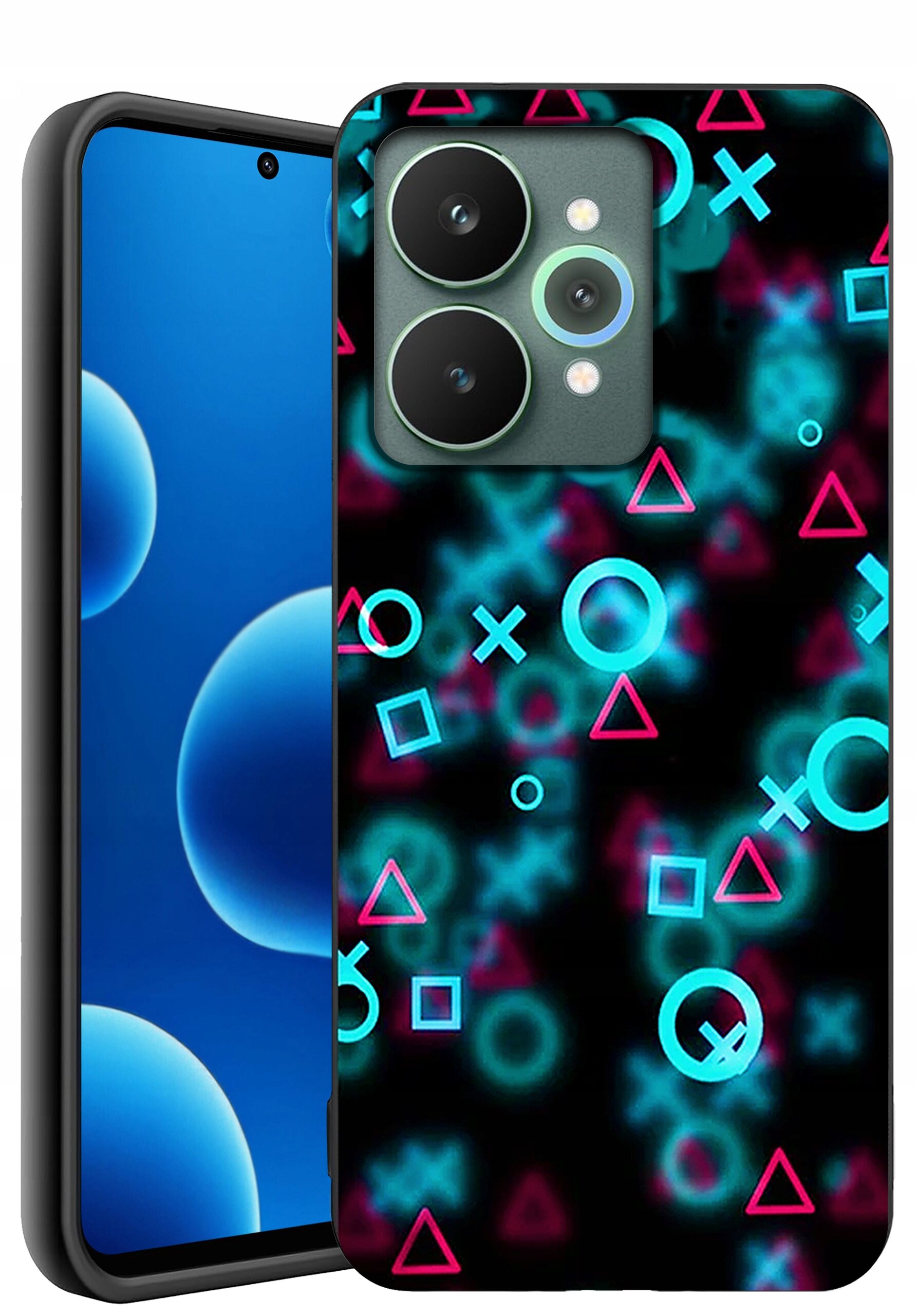 Etui na telefon z kolorowymi symbolami geometrycznymi na czarnym tle, obok widoczny ekran telefonu z niebieskimi okręgami.