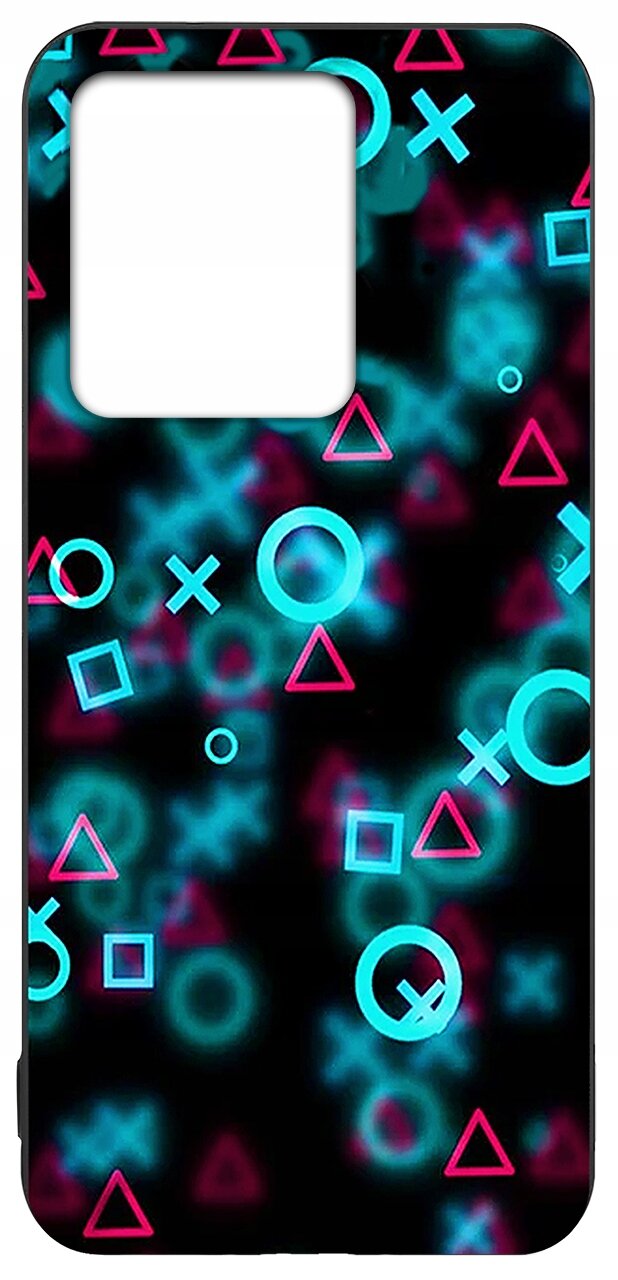 Etui na telefon z kolorowymi symbolami geometrycznymi w odcieniach niebieskiego i różowego na czarnym tle. Wzory obejmują kółka, krzyżyki, kwadraty i trójkąty.
