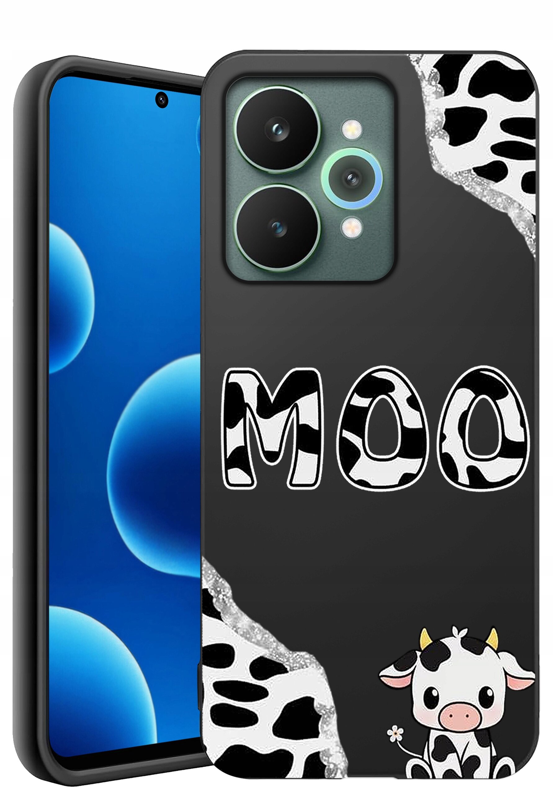 Etui na telefon z motywem krowy, z napisem \'MOO\' i grafiką małej krowy na dole. Tło jest czarne z białymi plamami przypominającymi wzór krowiej skóry.
