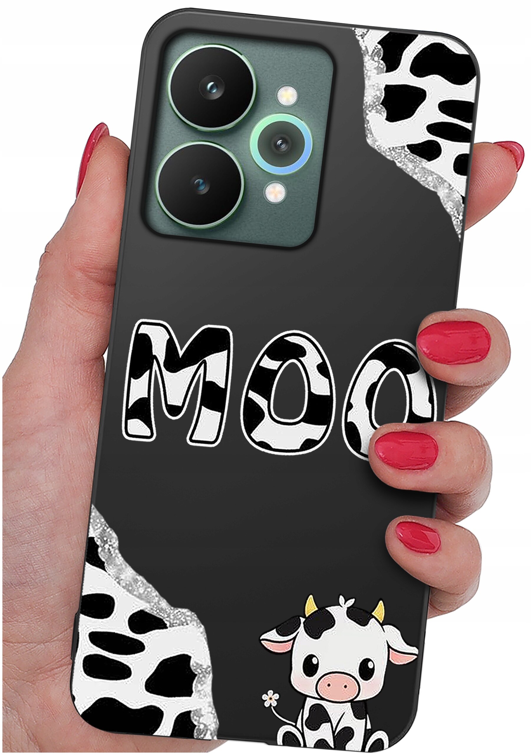 Etui na telefon z motywem krowy, z napisem \'MOO\' w czarno-białe wzory. W dolnym rogu widoczna jest ilustracja uroczej krowy.