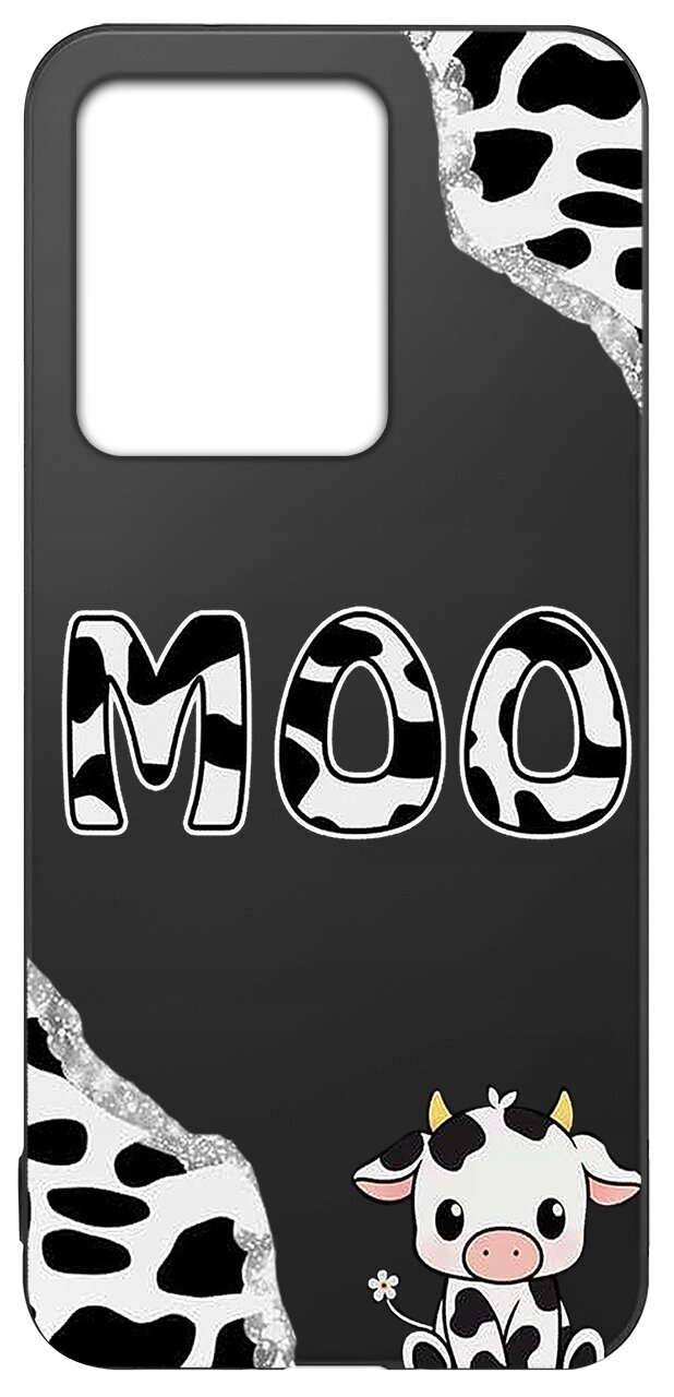 Czarne etui z motywem krowich łat i napisem \'MOO\'. Na dole znajduje się rysunek uśmiechniętej krowy.