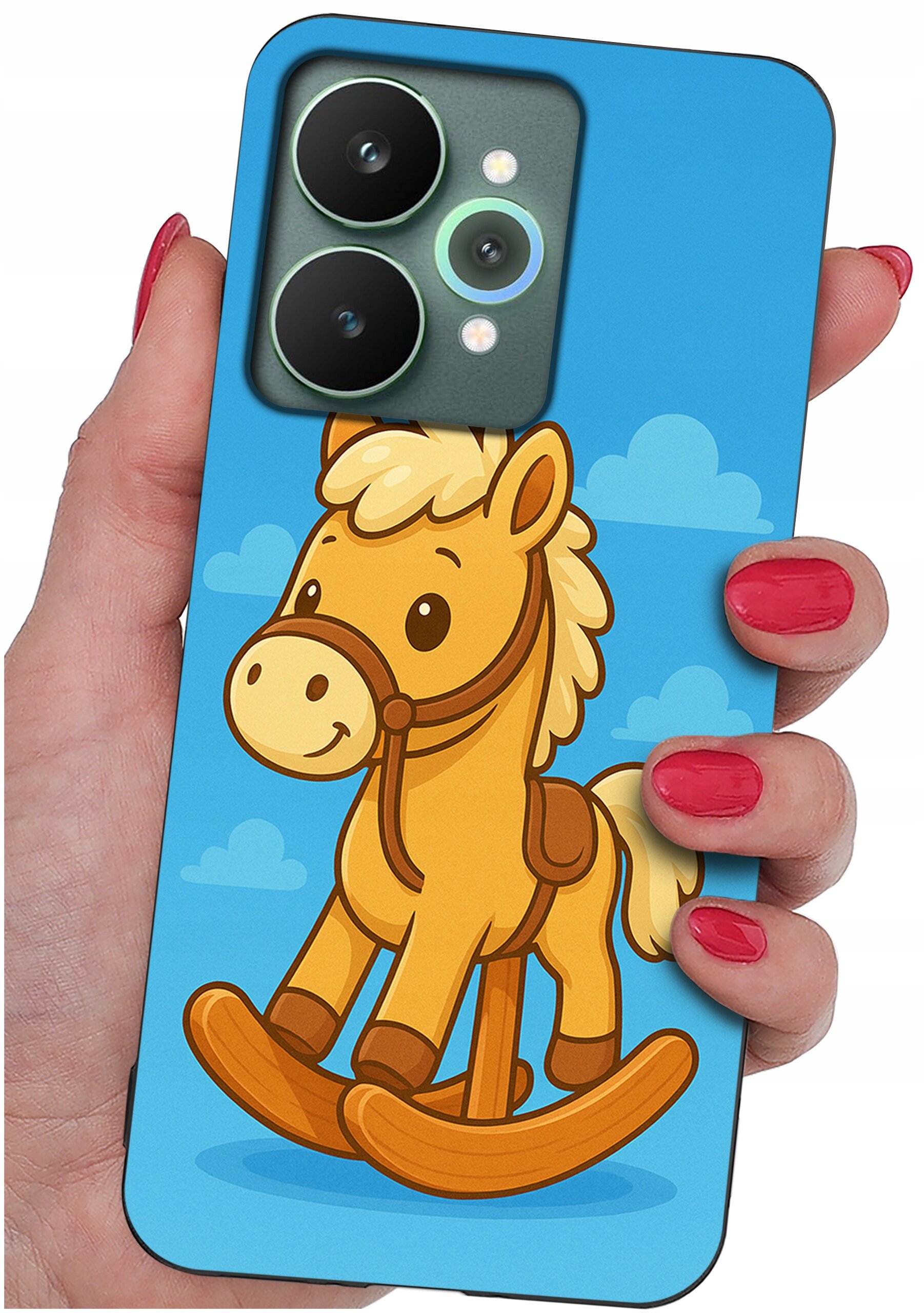 Etui na telefon z kolorowym wzorem konika na biegunach, trzymane w dłoni z pomalowanymi na czerwono paznokciami.