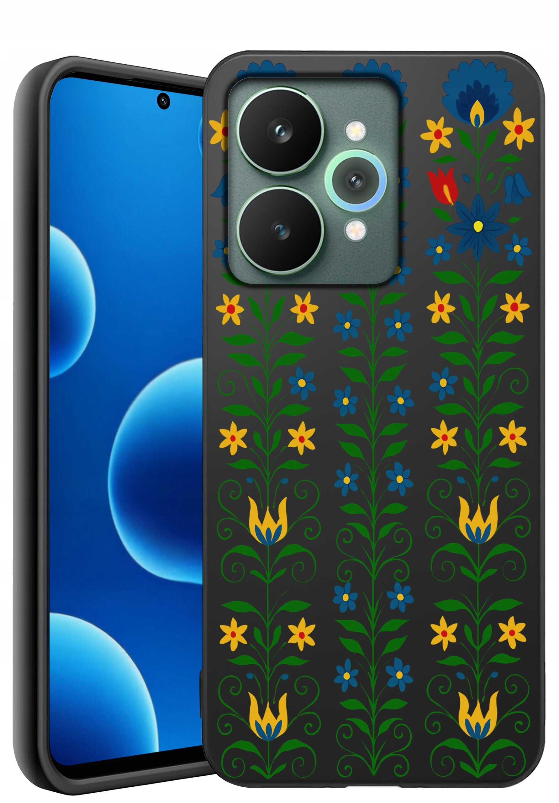 Etui na telefon z kolorowym, kwiatowym wzorem na ciemnym tle. Obok widoczny jest telefon z wyświetlaczem pokazującym niebieskie okręgi na czarnym tle.
