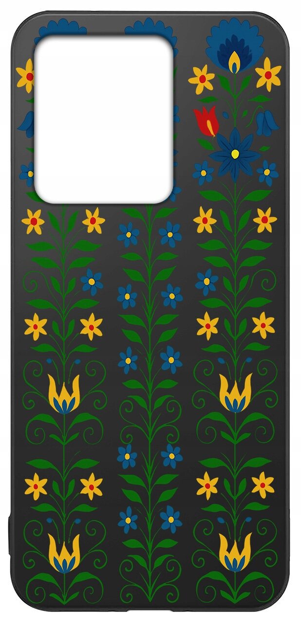 Etui na telefon z czarnym tłem ozdobione kolorowym, kwiatowym wzorem w odcieniach niebieskiego, zielonego, żółtego i czerwonego. W górnej części znajduje się duży otwór na aparat.