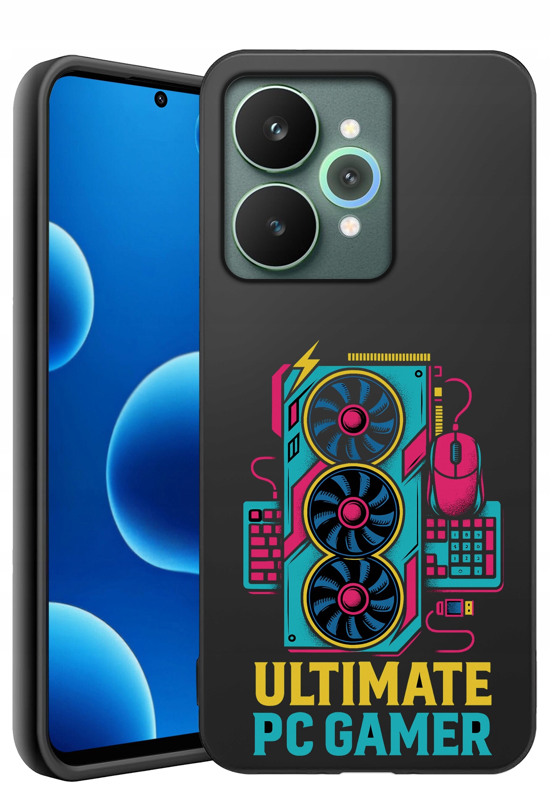 Etui na telefon z grafiką przedstawiającą elementy komputera, takie jak karta graficzna, mysz i klawiatura, oraz napis \'ULTIMATE PC GAMER\'.