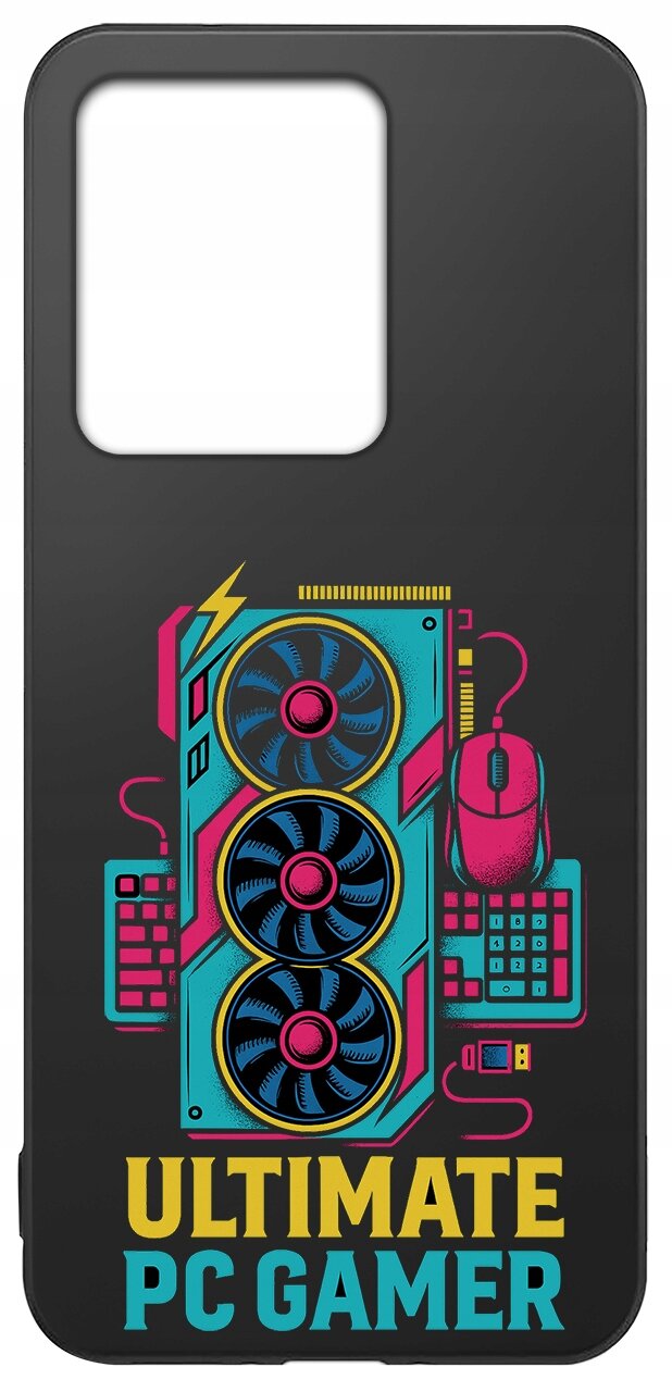 Czarne etui z kolorowym nadrukiem przedstawiającym elementy komputerowe, takie jak karta graficzna, myszka i klawiatura. Na dole widnieje napis \'ULTIMATE PC GAMER\'.