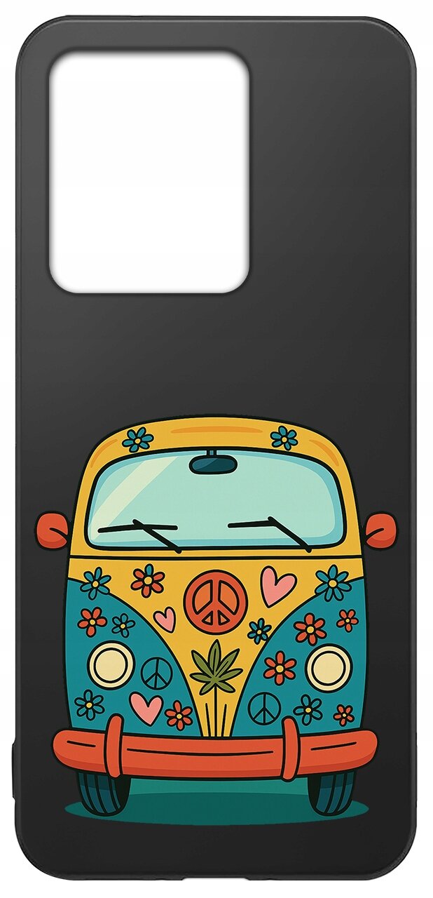 Etui na telefon z kolorowym wzorem przedstawiającym stylizowany samochód z motywami kwiatów i symbolami pokoju na czarnym tle. Etui ma duży otwór na aparat w górnej części.