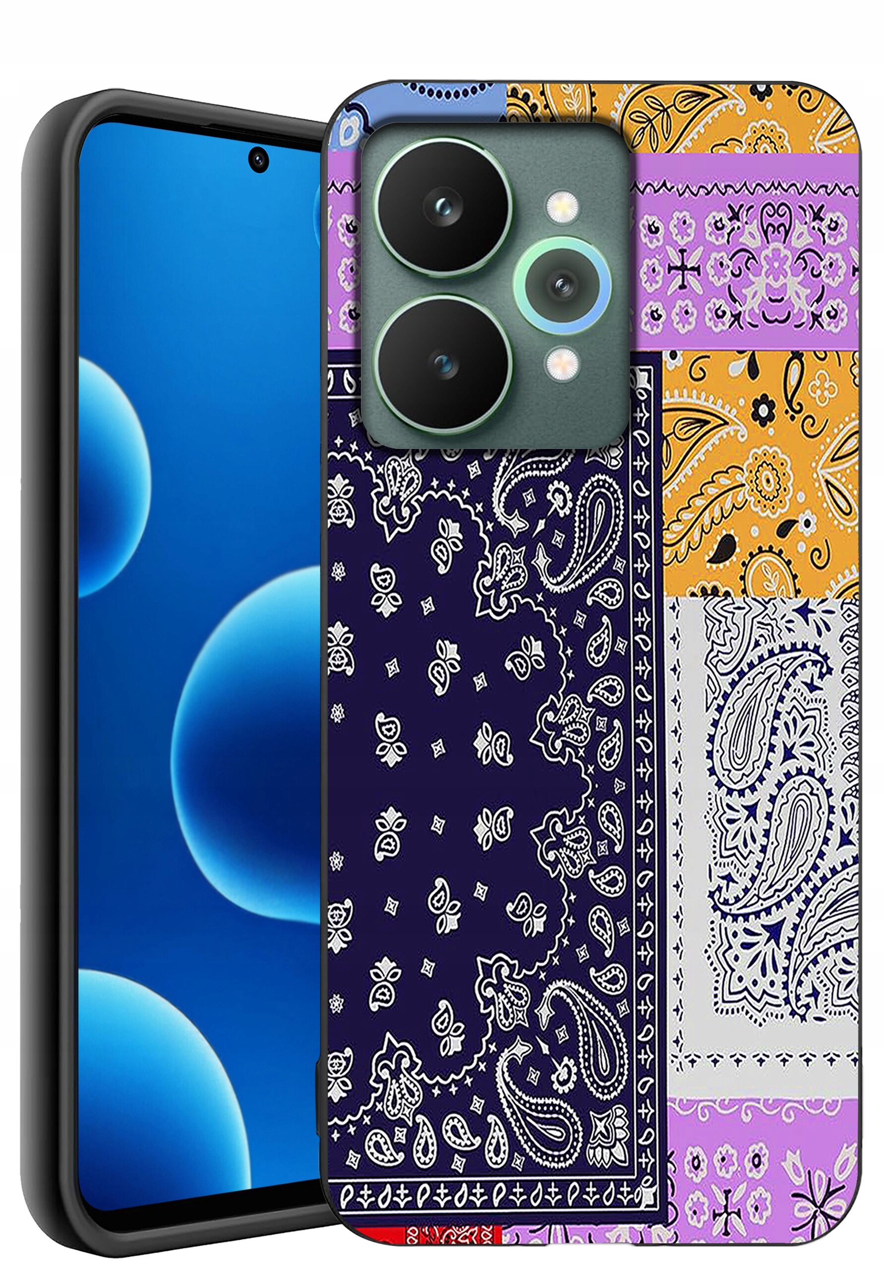 Etui na telefon z kolorowym wzorem paisley w odcieniach fioletu, pomarańczu i granatu. Obok widoczny jest ekran telefonu z niebieskim tłem i okrągłymi ikonami.