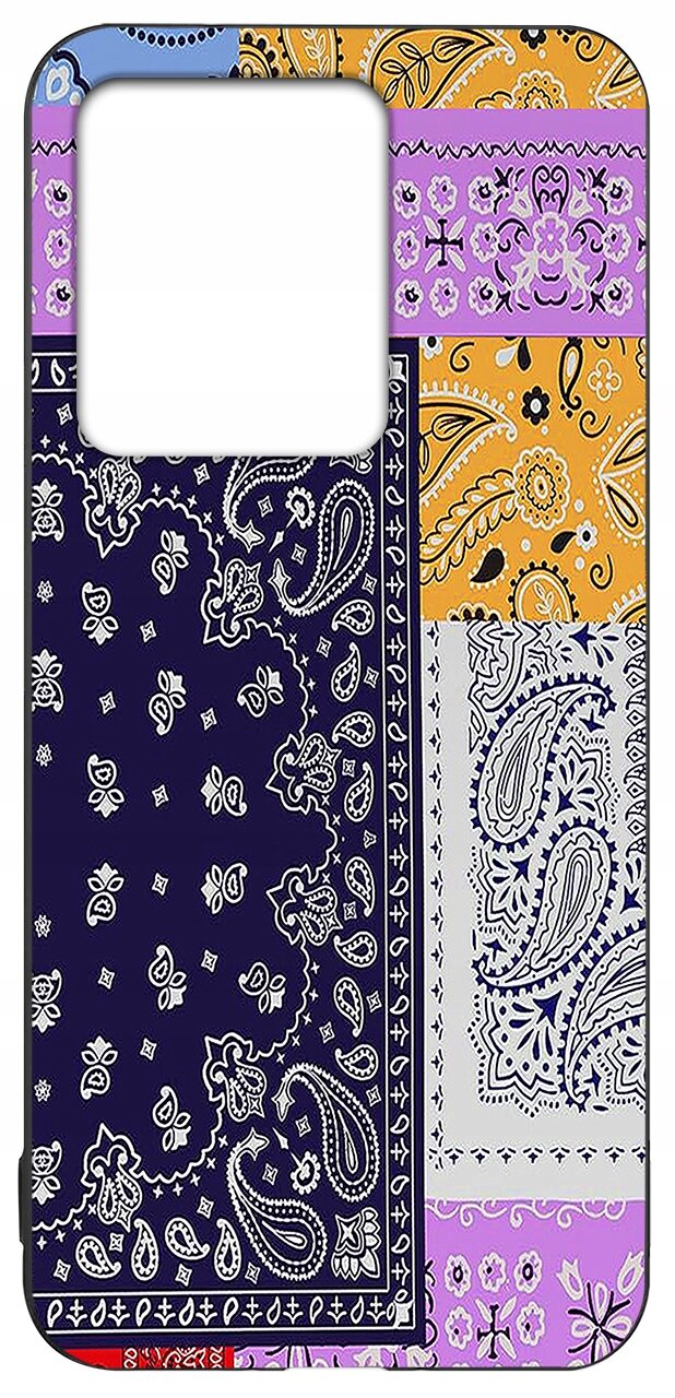 Etui na telefon z kolorowym wzorem paisley w odcieniach fioletu, pomarańczu, granatu i bieli. Wzór składa się z różnych motywów kwiatowych i geometrycznych.