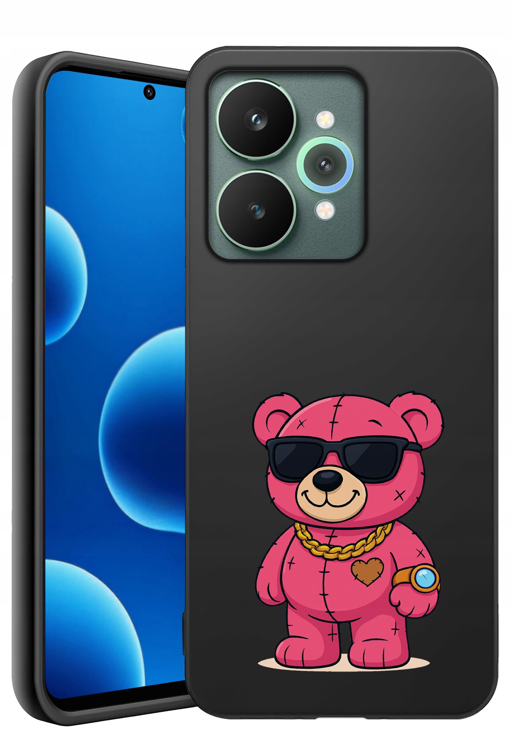 Czarny silikonowy case z nadrukiem różowego misia w okularach przeciwsłonecznych, złotym łańcuszku i zegarku. Obok widoczny jest telefon z niebieskim ekranem i podwójnym aparatem.
