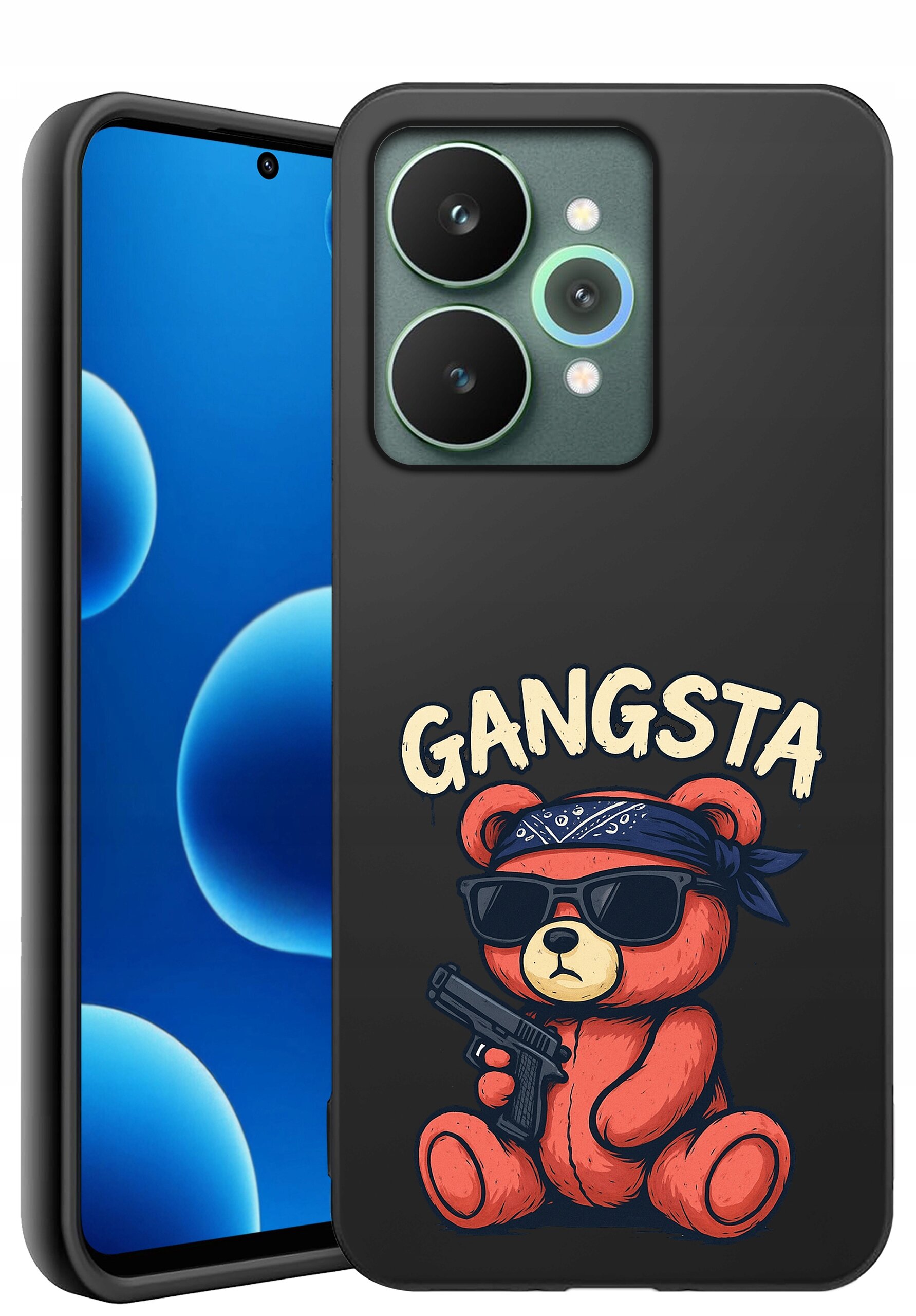 Etui na telefon z nadrukiem misia w okularach przeciwsłonecznych, trzymającego pistolet, z napisem \'GANGSTA\'.