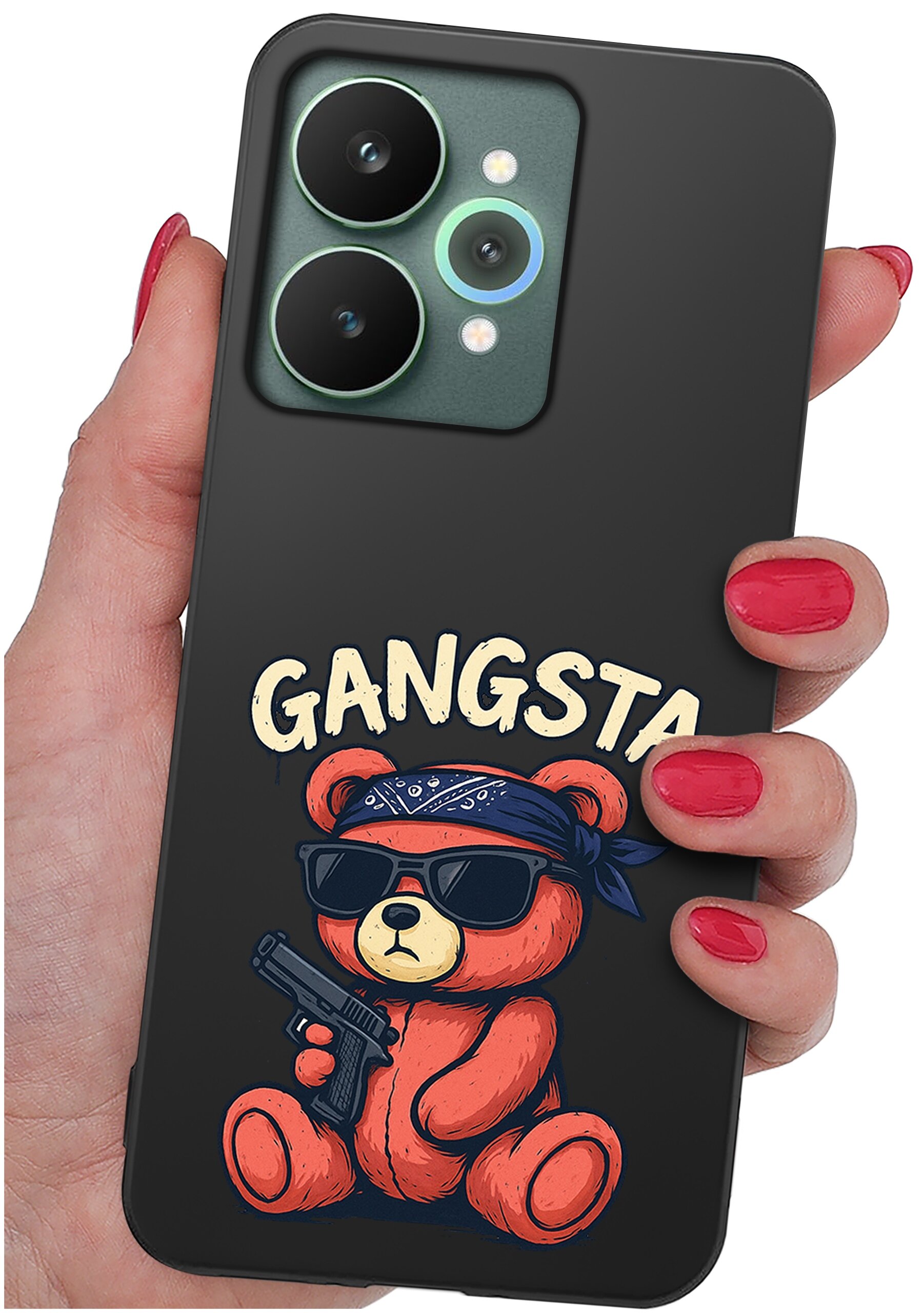 Czarna obudowa telefonu z nadrukiem misia w okularach przeciwsłonecznych, trzymającego pistolet, z napisem \'GANGSTA\'.