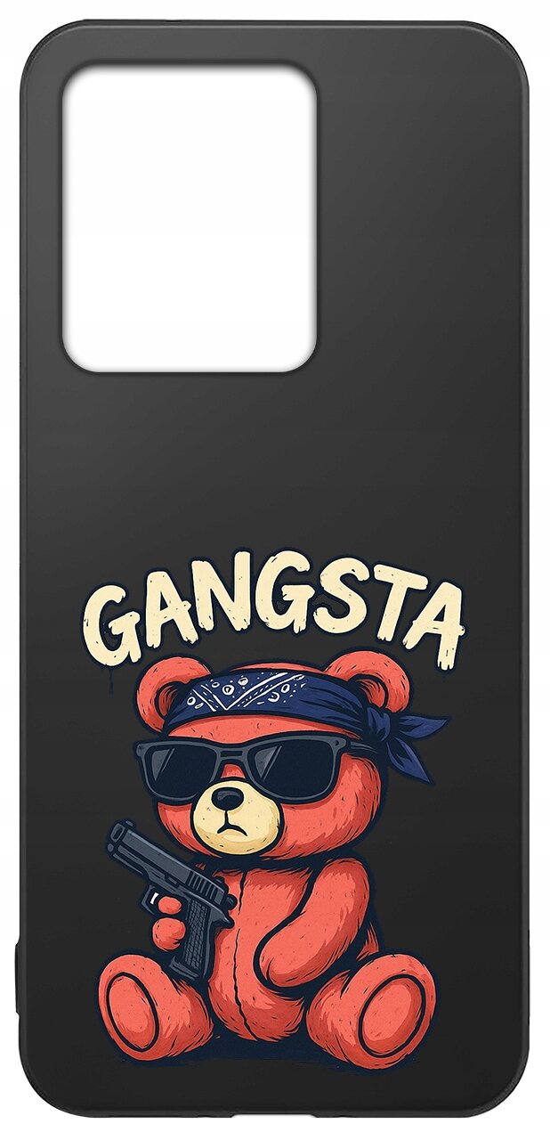Czarne etui z nadrukiem misia w okularach przeciwsłonecznych, trzymającego pistolet, z napisem \'GANGSTA\' powyżej.