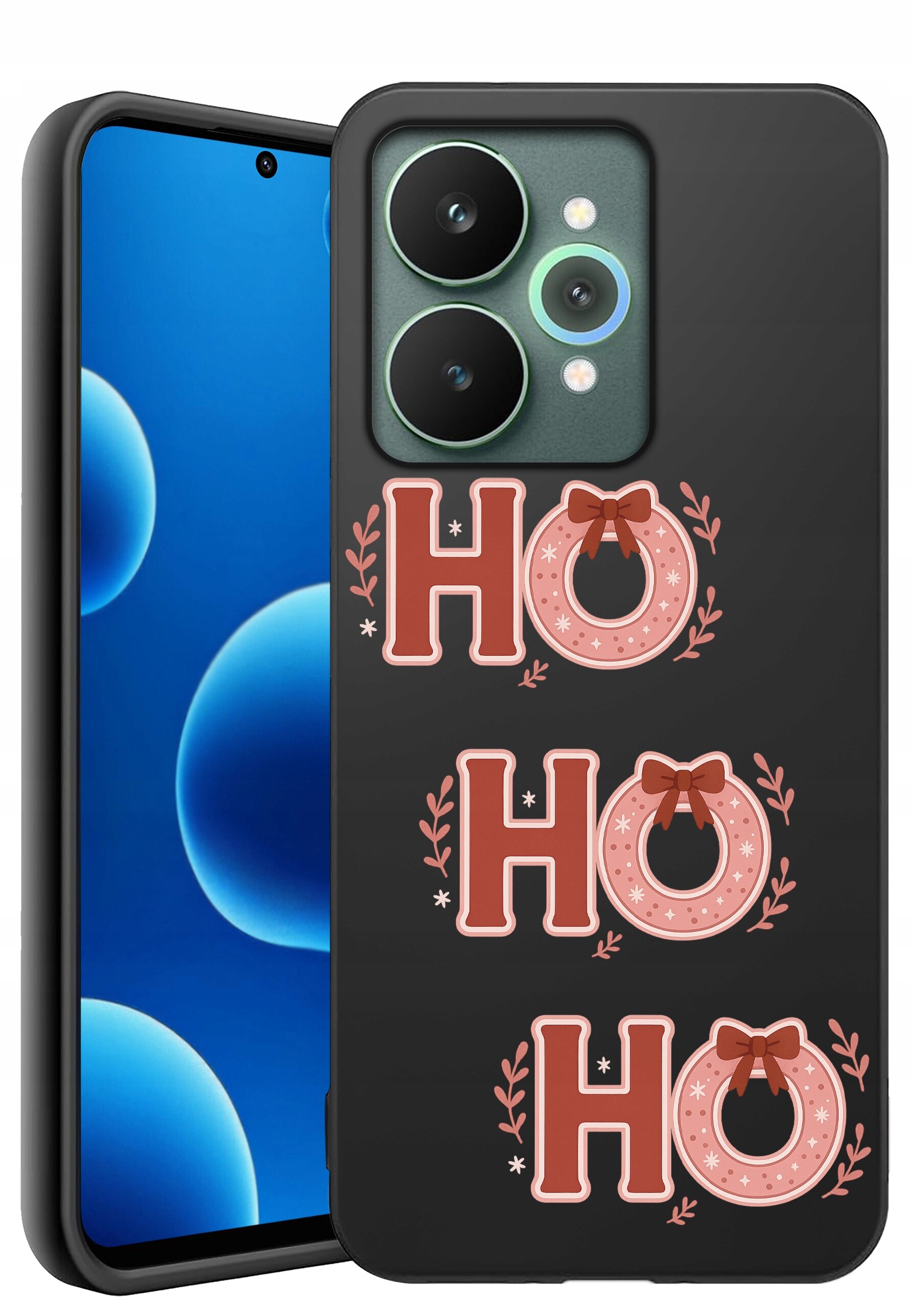 Czarne etui na telefon z trzema napisami \'HO HO HO\' ozdobionymi czerwonymi kokardkami i gałązkami. W tle widoczny ekran telefonu z niebieskimi okręgami.