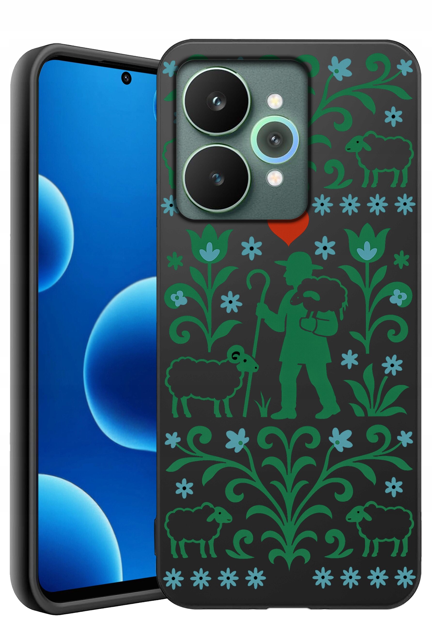 Etui na telefon z wzorem przedstawiającym pasterza z owcami, otoczonego kwiatami i roślinami w zielonym kolorze na ciemnym tle. Wzór zawiera również czerwone serce nad postacią pasterza.