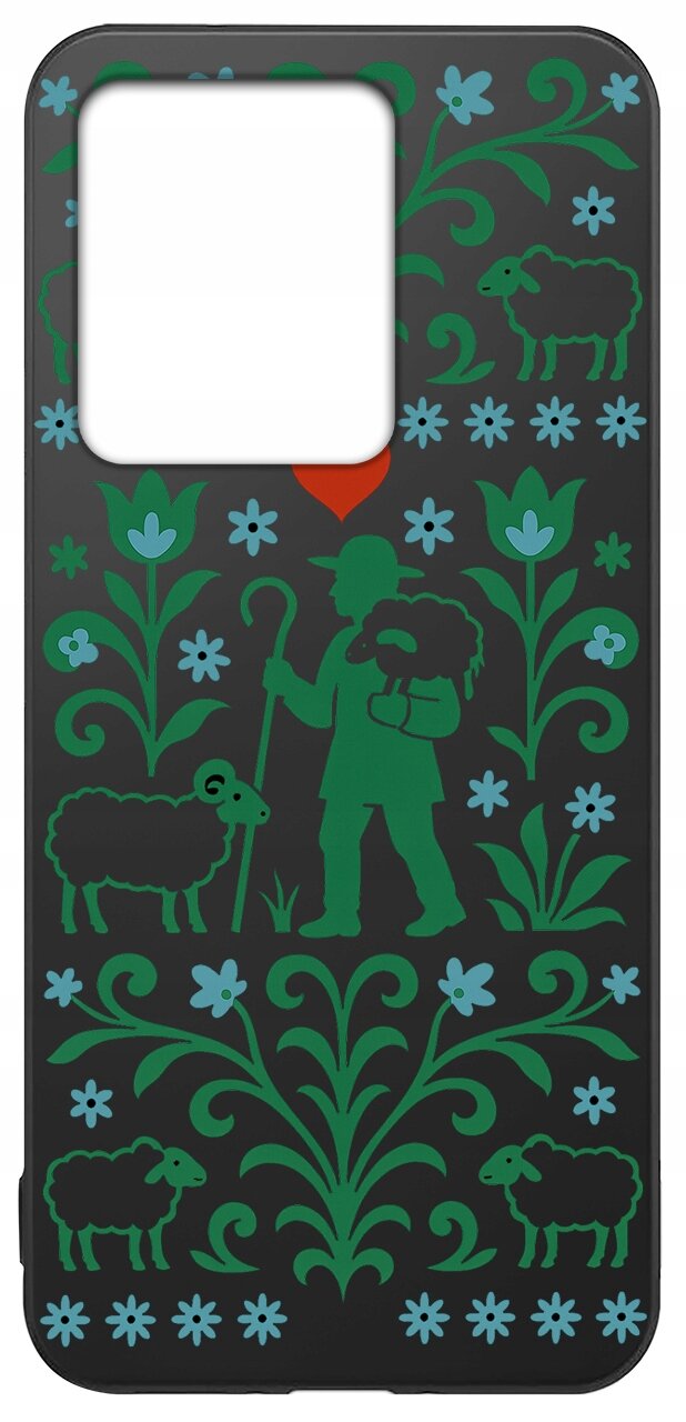 Etui na telefon z wzorem przedstawiającym pasterza z owcami, otoczonego zielonymi roślinami i niebieskimi kwiatami na czarnym tle. W górnej części znajduje się czerwone serce.
