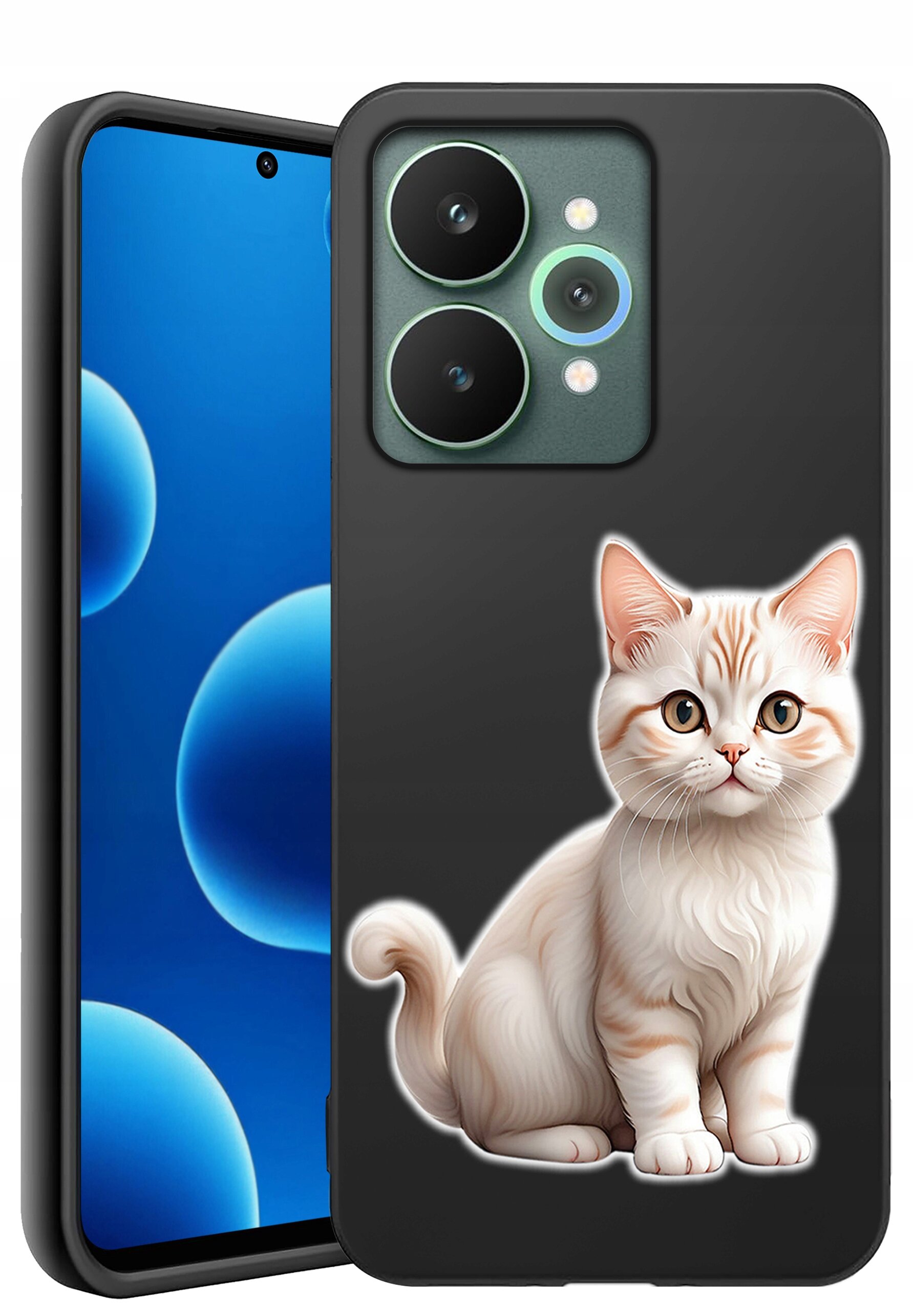 Etui na telefon z nadrukiem kota na ciemnym tle, obok widoczny ekran telefonu z niebieskimi okręgami.