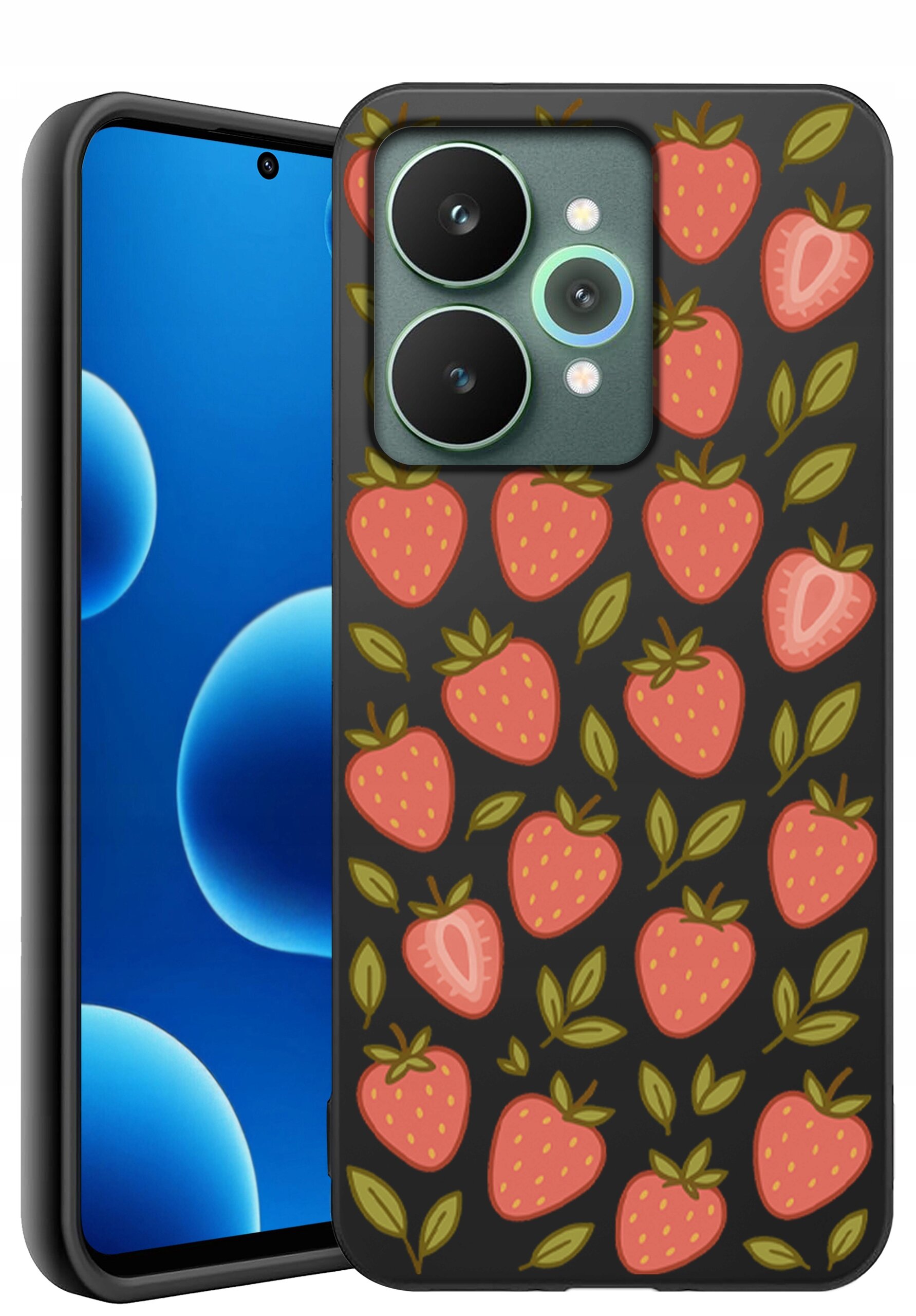 Etui na telefon z wzorem truskawek i liści na ciemnym tle, obok widoczny ekran telefonu z niebieskimi okręgami.