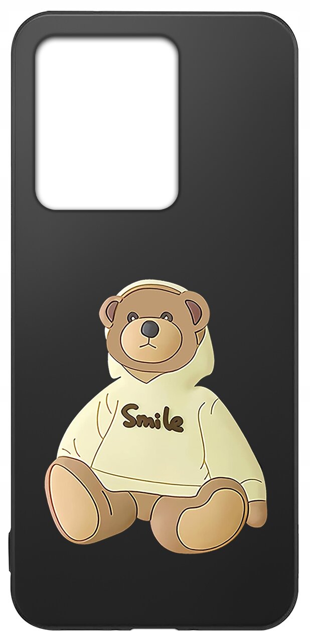 Czarne etui na telefon z wycięciem na aparat, ozdobione grafiką misia w bluzie z napisem \'Smile\'.