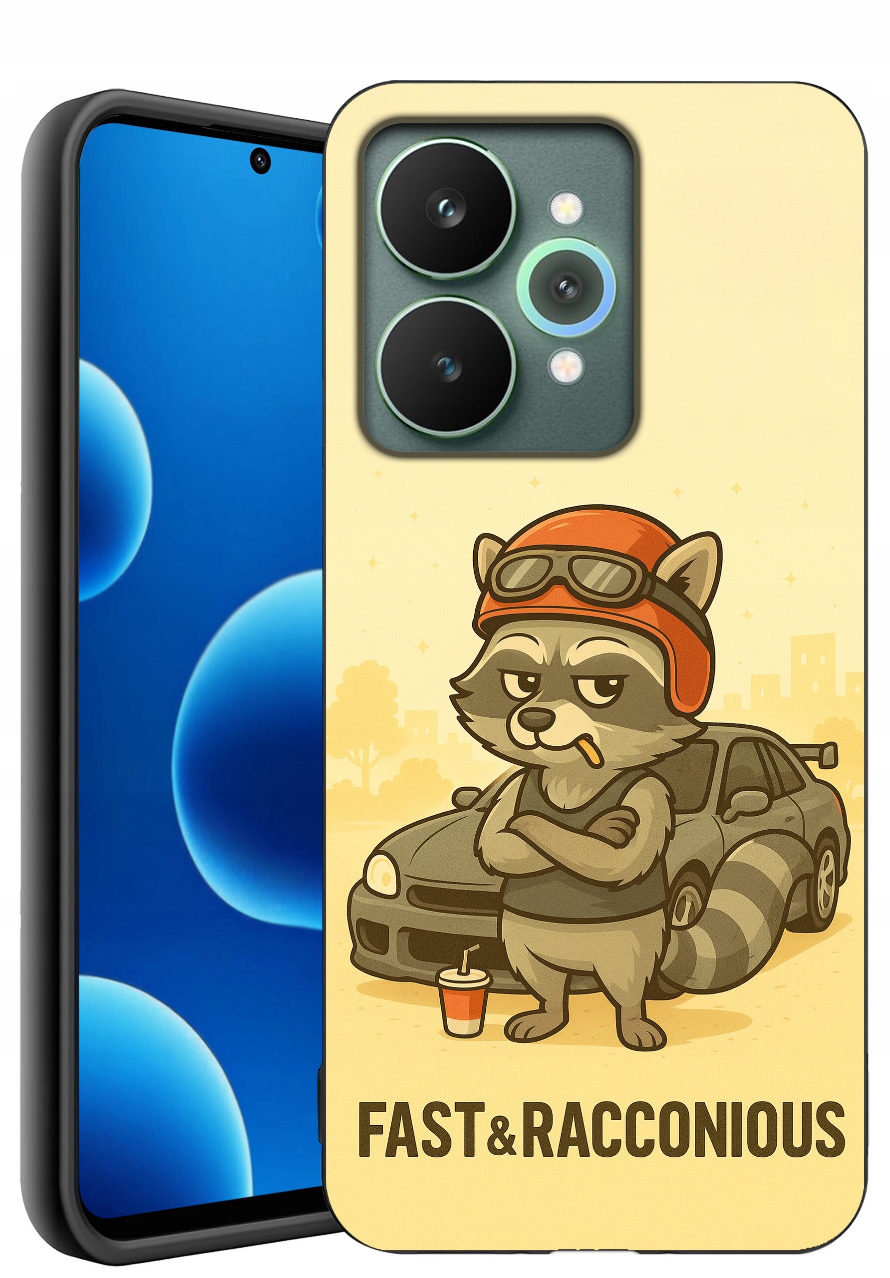 Etui na telefon z grafiką szopa w czerwonym kasku, stojącego przed samochodem. Na dole widnieje napis \'FAST & RACCONIOUS\'.