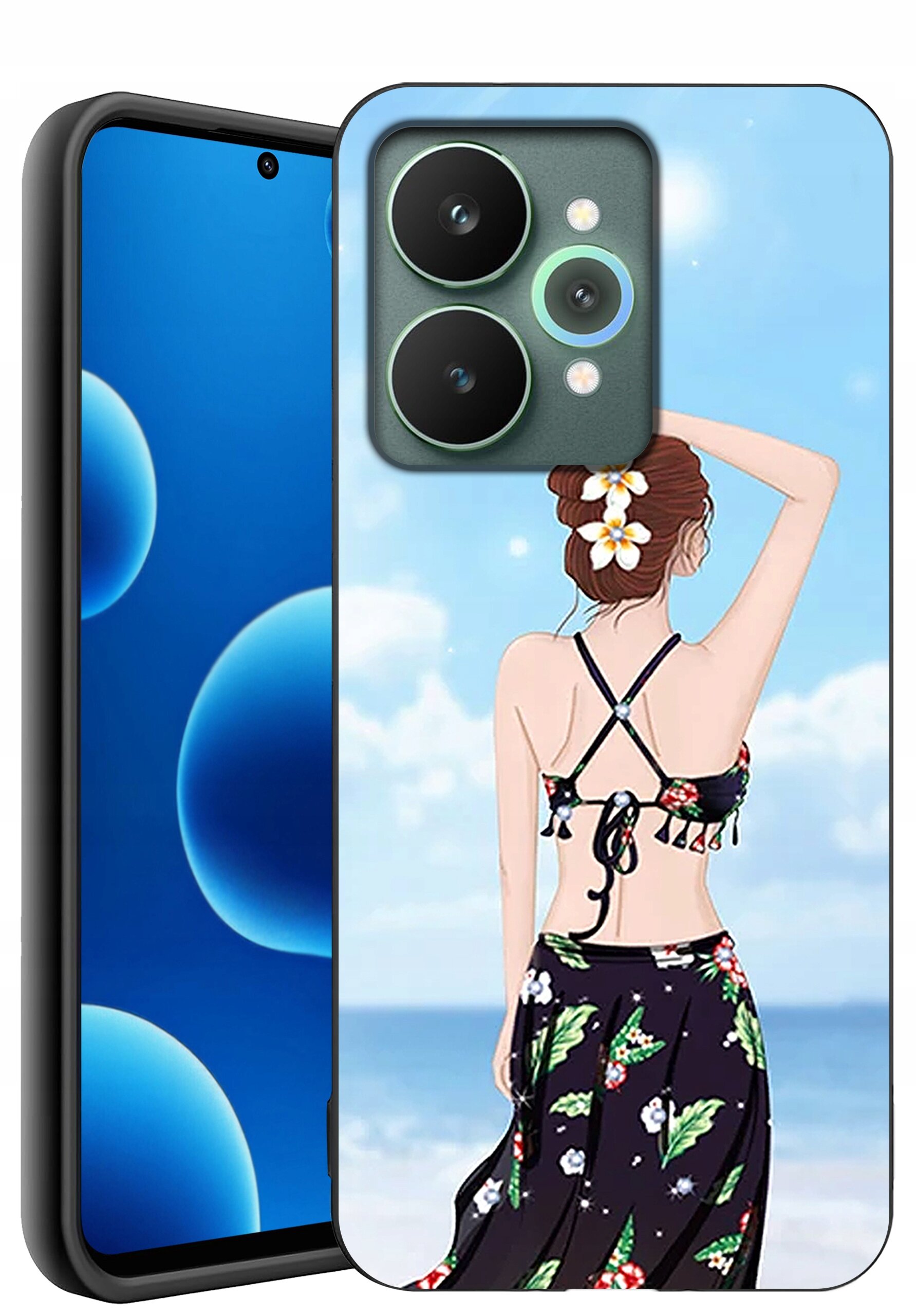 Obraz przedstawia telefon z etui, na którym widoczna jest ilustracja kobiety w stroju plażowym z kwiatem we włosach, stojącej tyłem na tle nieba i morza. Telefon ma ekran z niebieskim tłem i okrągłymi kształtami.