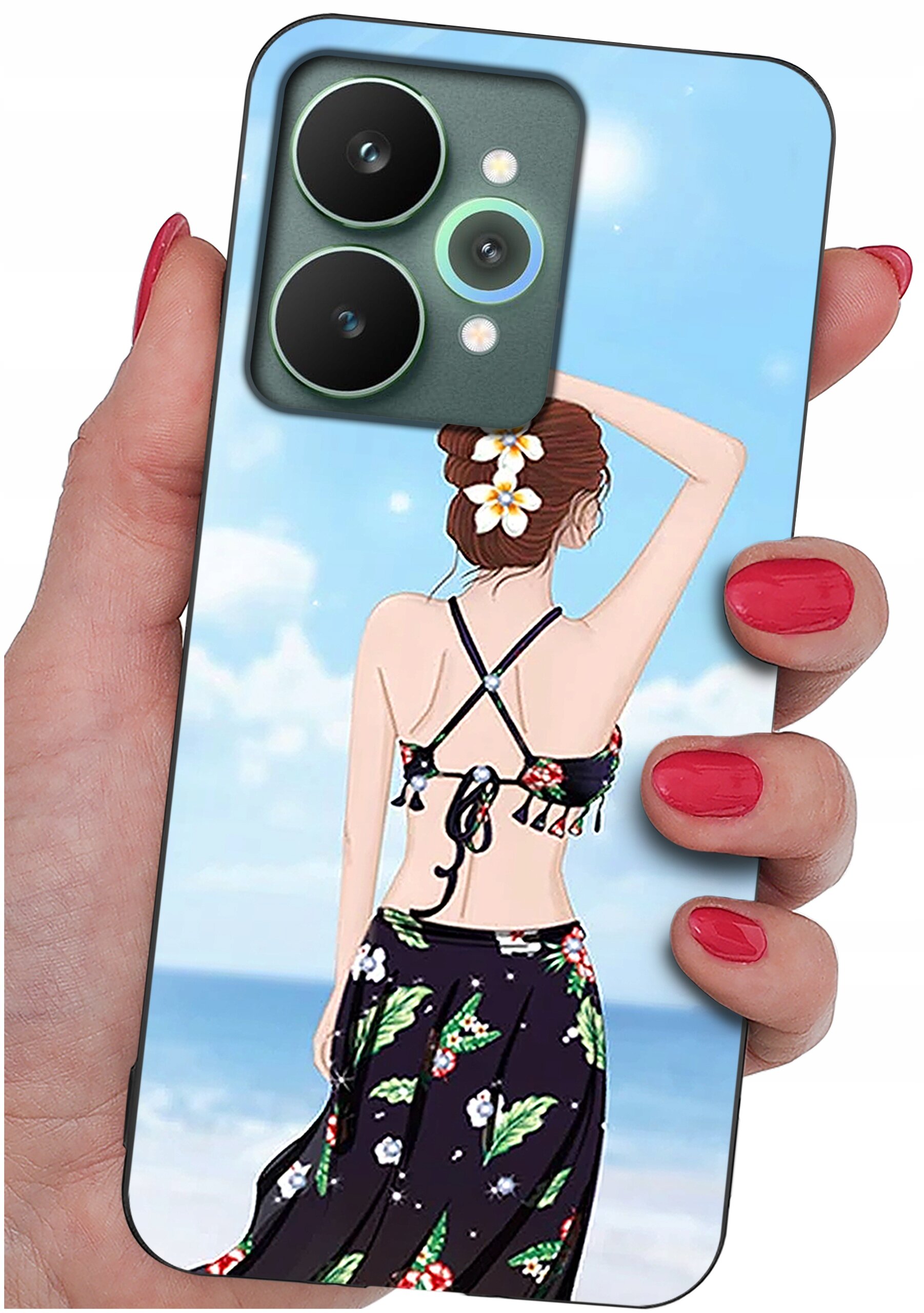 Etui na telefon z grafiką przedstawiającą kobietę w stroju plażowym na tle nieba i morza. Kobieta ma kwiaty we włosach i kolorową spódnicę.