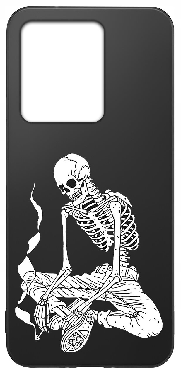 Czarne etui na telefon z białym nadrukiem przedstawiającym szkielet siedzący w pozycji z nogami skrzyżowanymi, trzymający papierosa z unoszącym się dymem.