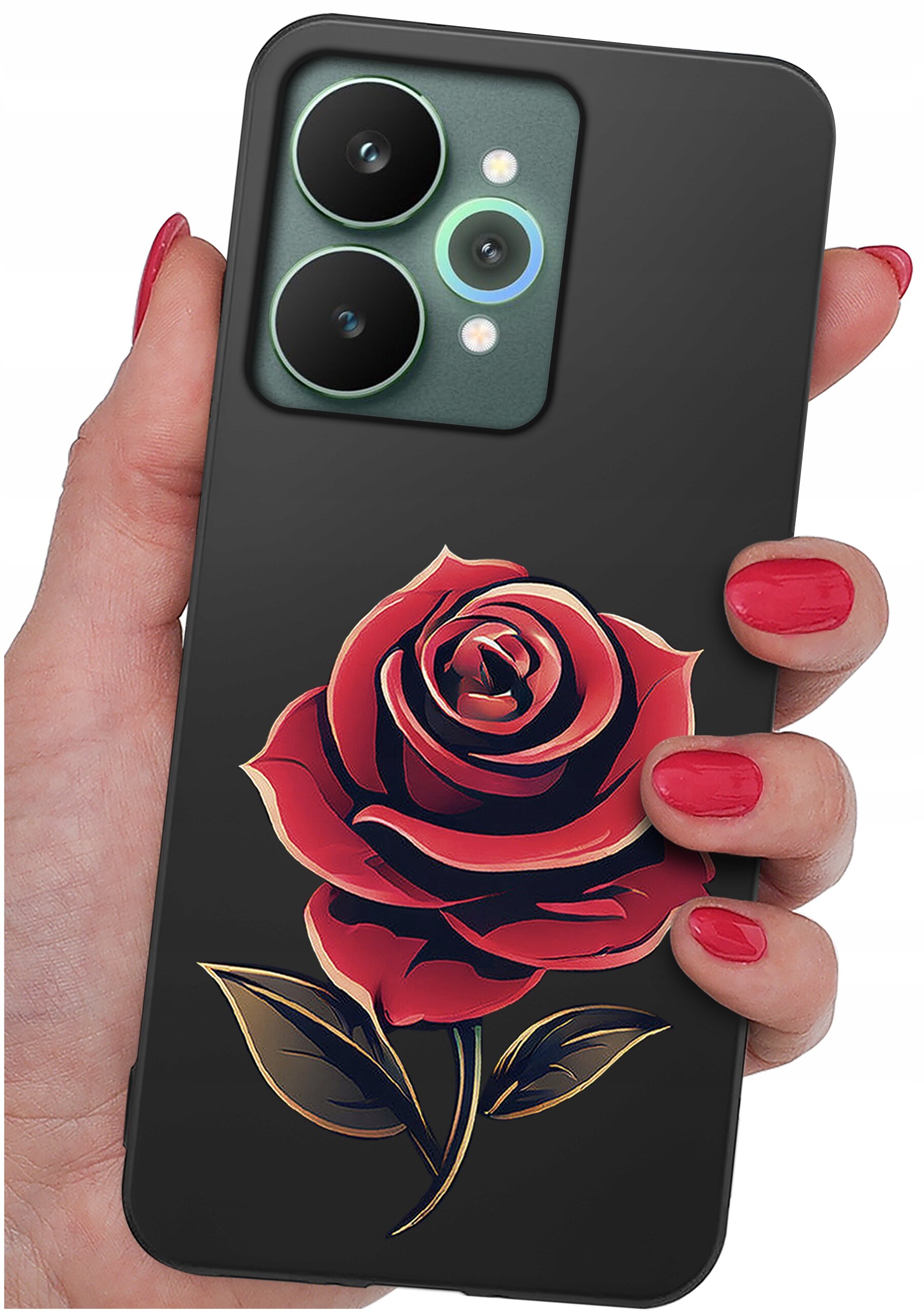 Osoba trzyma czarne etui na telefon z nadrukiem czerwonej róży i zielonych liści. Etui ma wycięcia na dwa duże obiektywy aparatu i mniejsze elementy.
