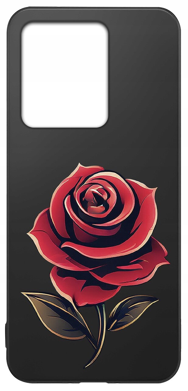 Czarne etui z matowym wykończeniem, ozdobione grafiką czerwonej róży z zielonymi liśćmi. Etui ma duży otwór na aparat w górnej części.