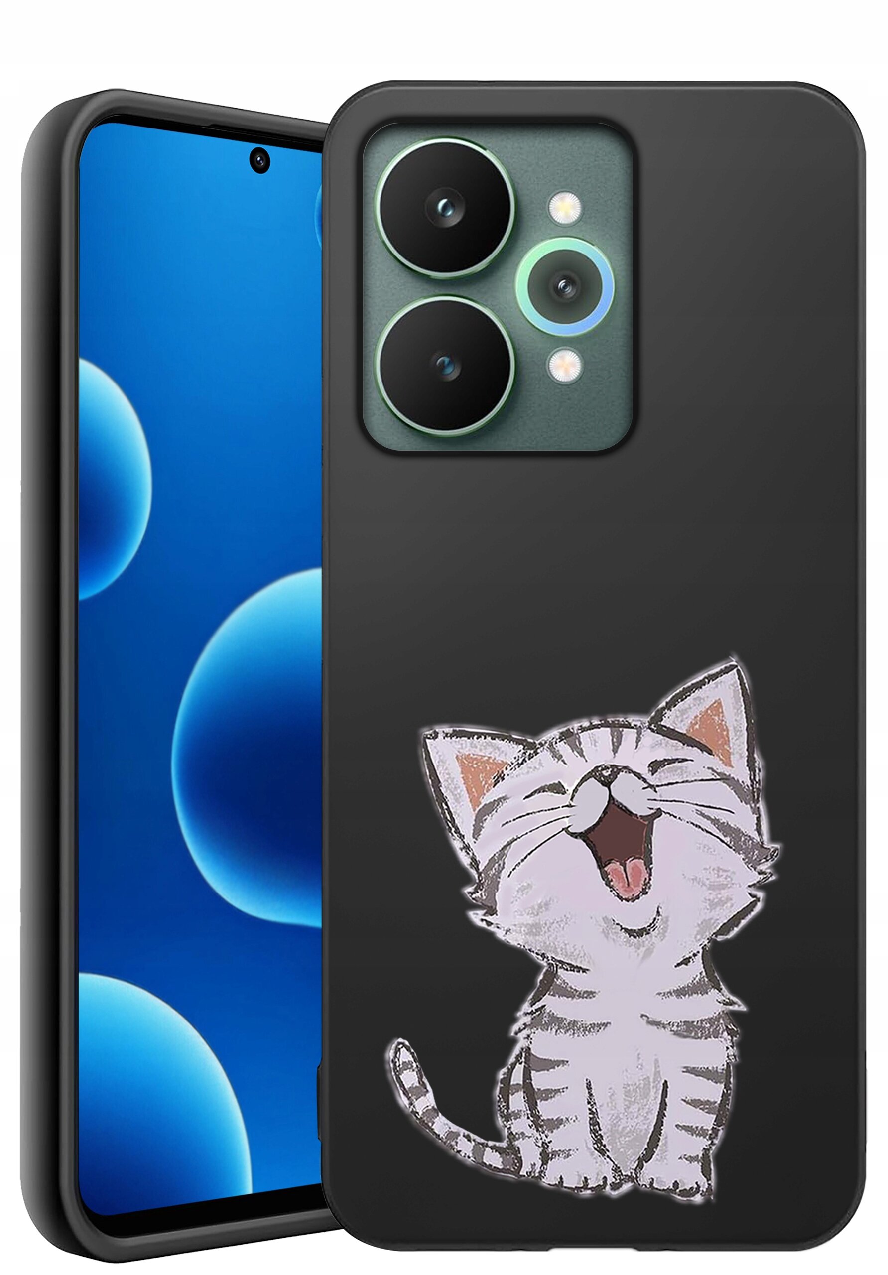 Czarne silikonowe etui na telefon z rysunkiem uśmiechniętego kota. Obok widoczny jest telefon z niebieskim ekranem i trzema aparatami.