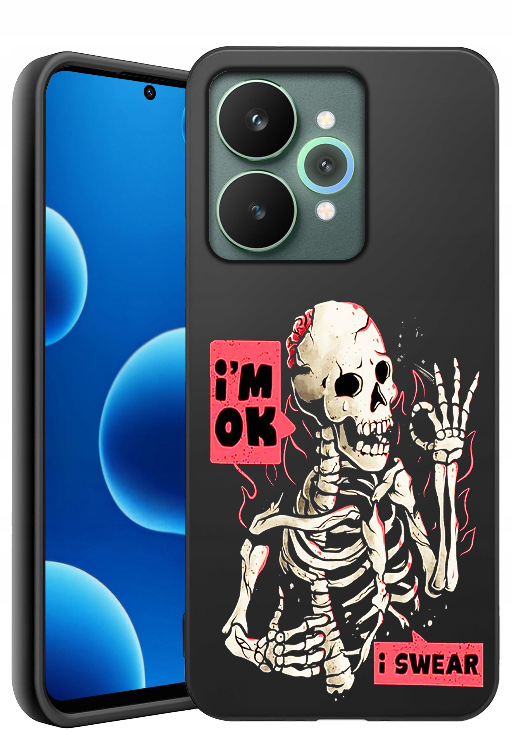Etui na telefon z grafiką szkieletu i napisami \'I\'m OK\' oraz \'I SWEAR\'. Telefon z wyświetlaczem pokazującym niebieskie okręgi.