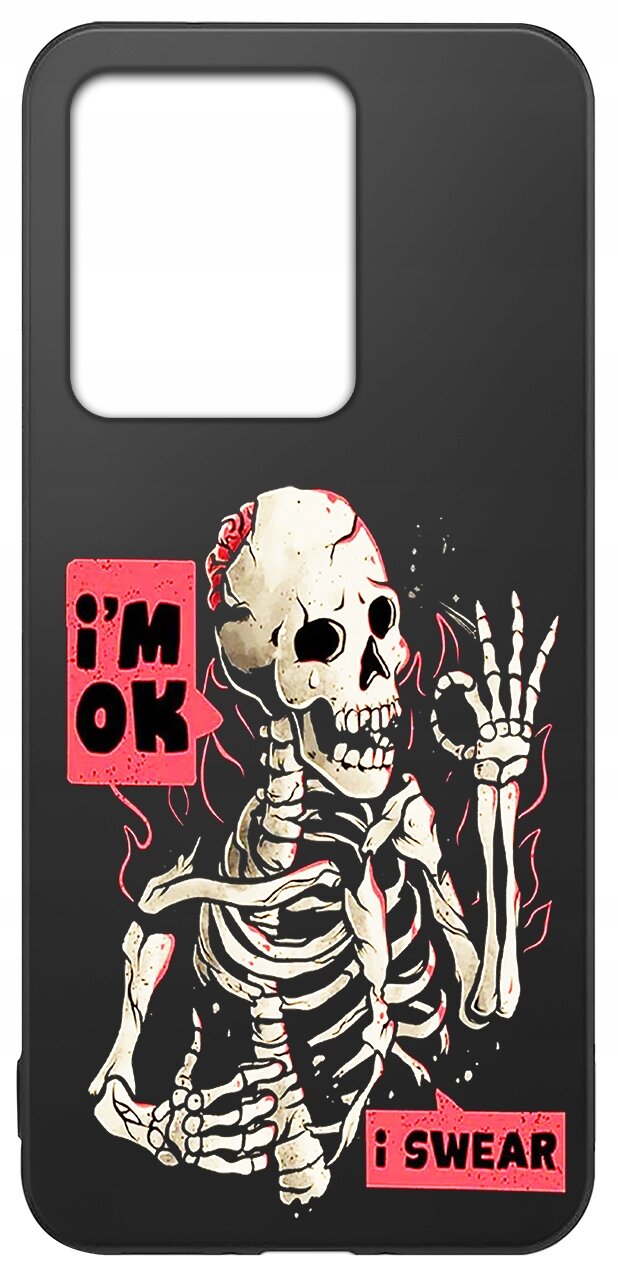 Czarne etui z nadrukiem szkieletu w stylu kreskówkowym, który unosi rękę w geście przysięgi. Obok szkieletu znajdują się napisy \'i\'m OK\' i \'i SWEAR\' na czerwonym tle.