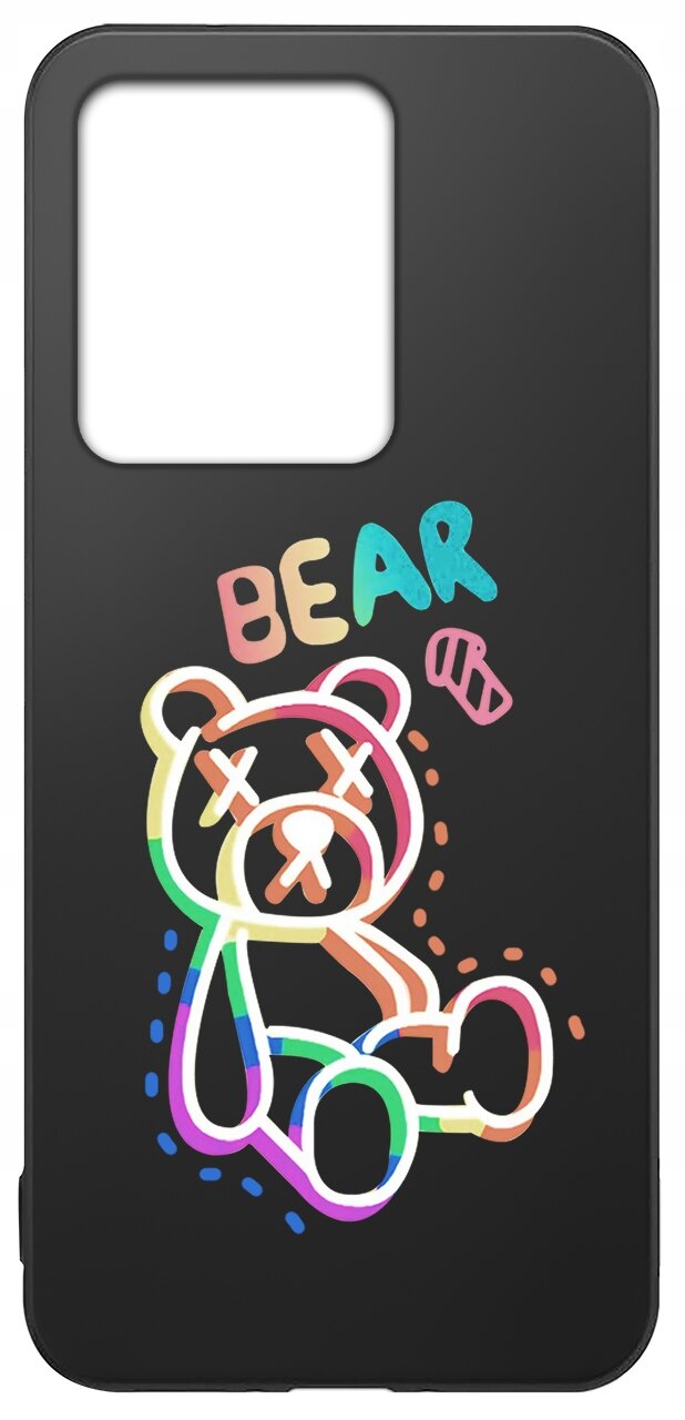 Czarne etui z kolorowym rysunkiem misia z zamkniętymi oczami i napisem \'BEAR\'.