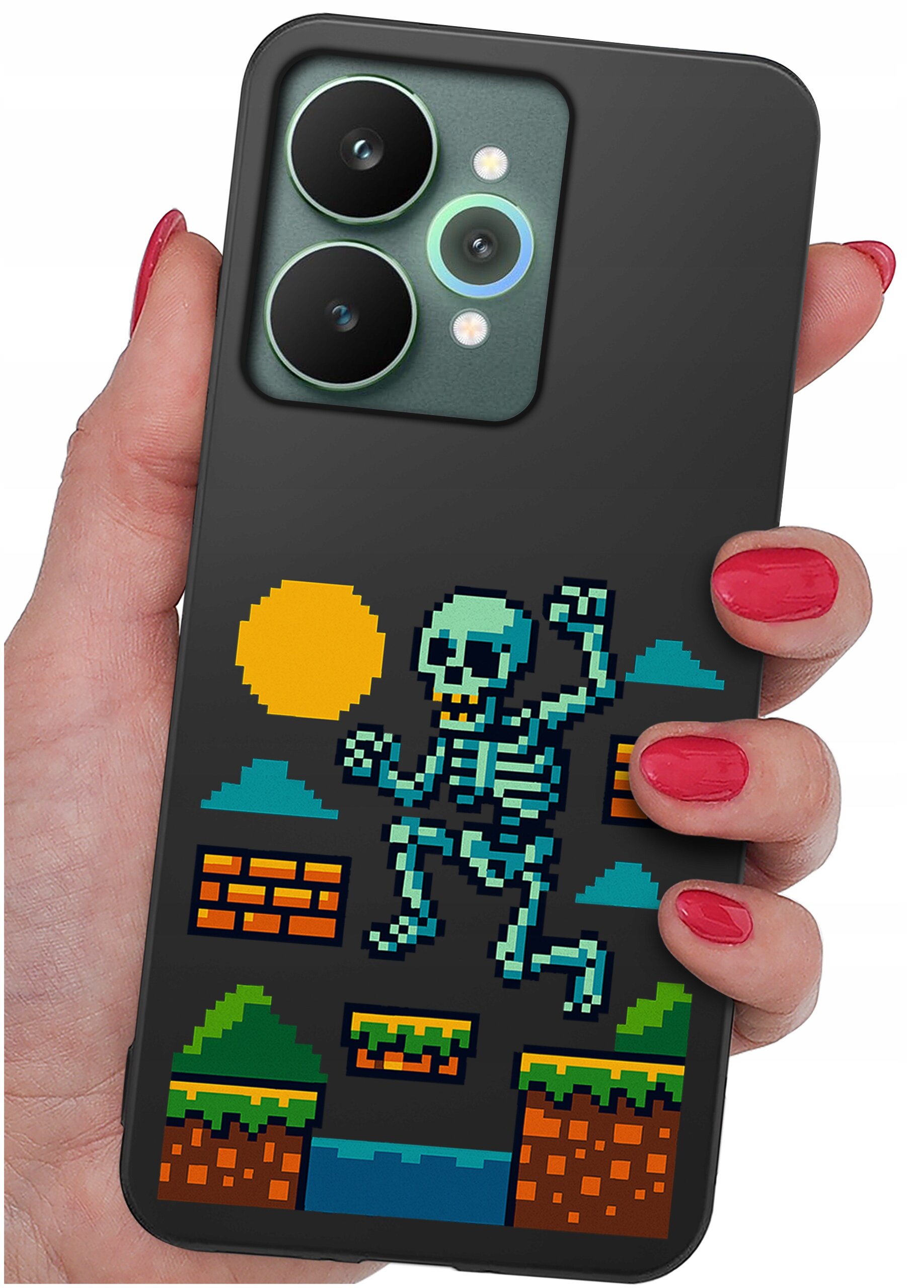 Etui na telefon z grafiką przedstawiającą pikselowego szkieletora skaczącego po platformach w stylu retro. W tle widoczne są elementy krajobrazu, takie jak słońce i chmury.