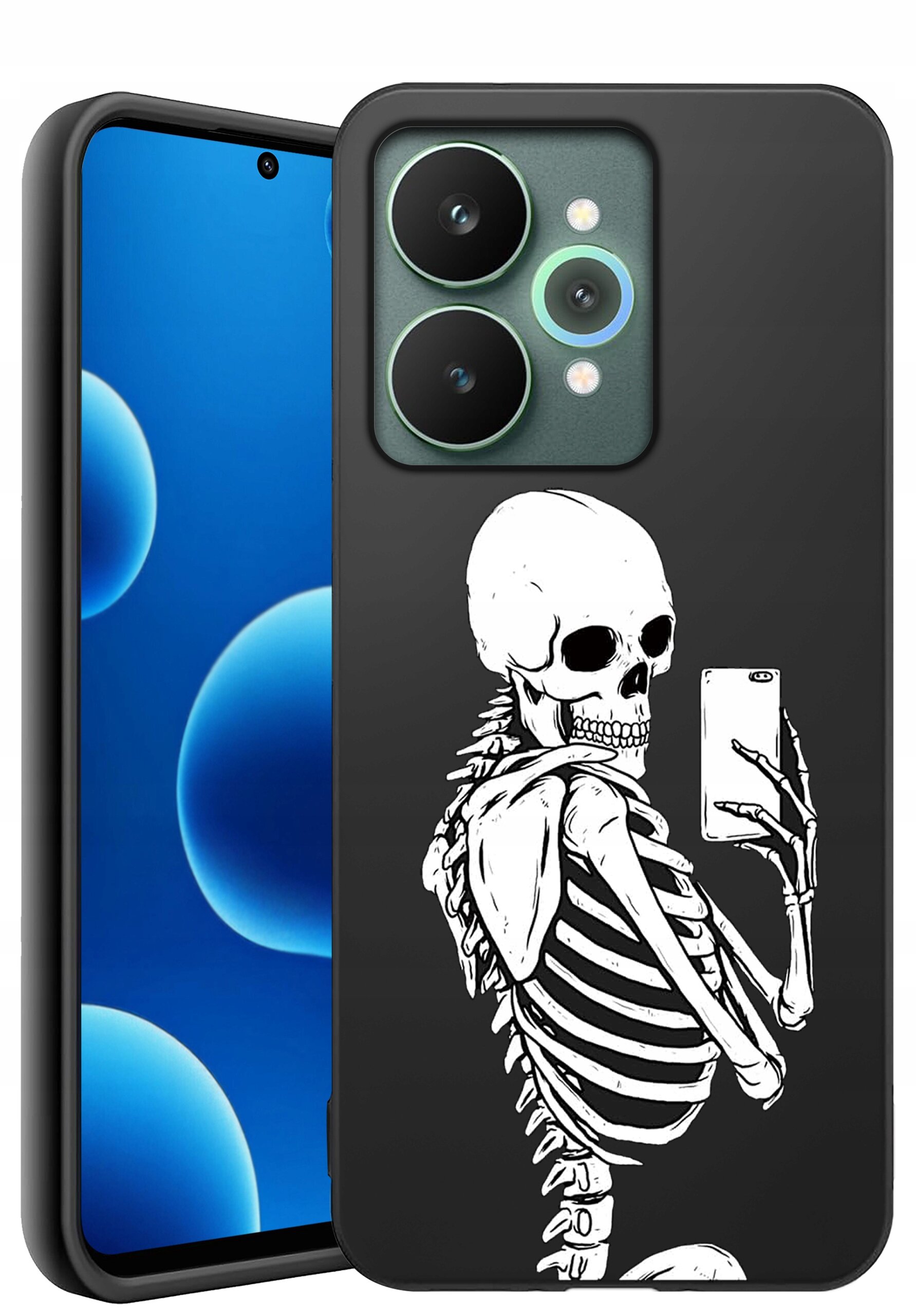 Czarne etui na telefon z nadrukiem białego szkieletu trzymającego smartfon. Obok widoczny telefon z niebieskim ekranem i podwójnym aparatem.