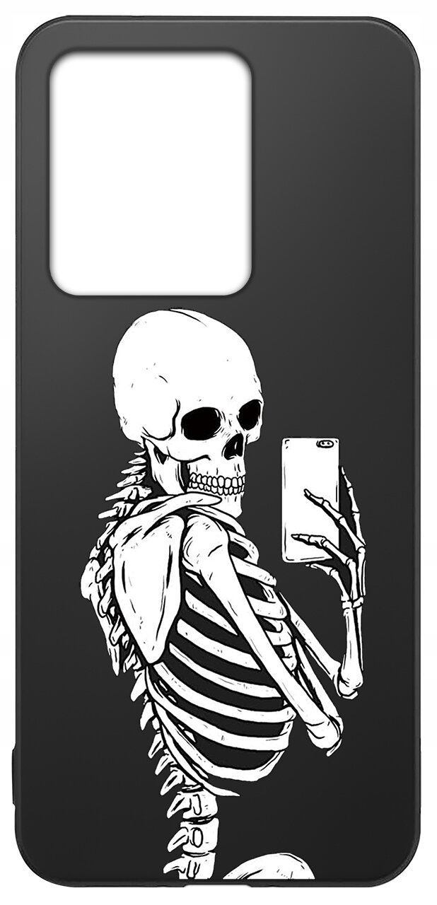 Czarne etui na telefon z nadrukiem białego szkieletu trzymającego smartfon. Etui ma wycięcie na aparat w górnej części.