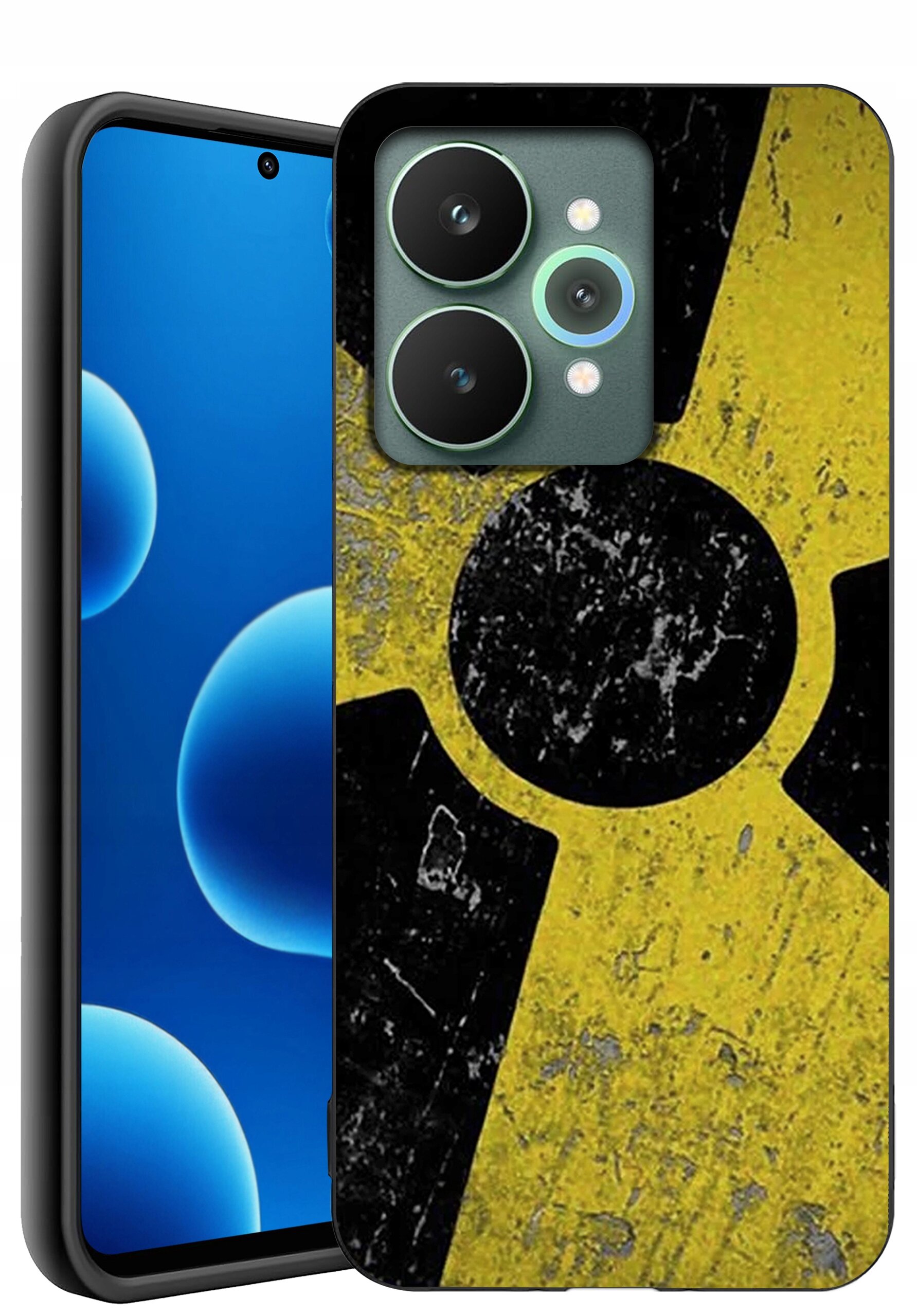 Obraz przedstawia telefon z etui o wzorze przypominającym symbol radioaktywności na żółtym tle. Na ekranie telefonu widoczne są niebieskie okręgi na czarnym tle.