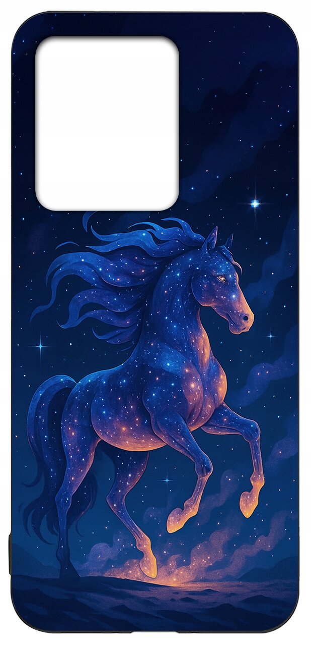Etui na telefon z nadrukiem konia w galopie na tle nocnego nieba pełnego gwiazd. Etui ma wycięcie na aparat i jest w kolorze ciemnoniebieskim z elementami świetlistymi.