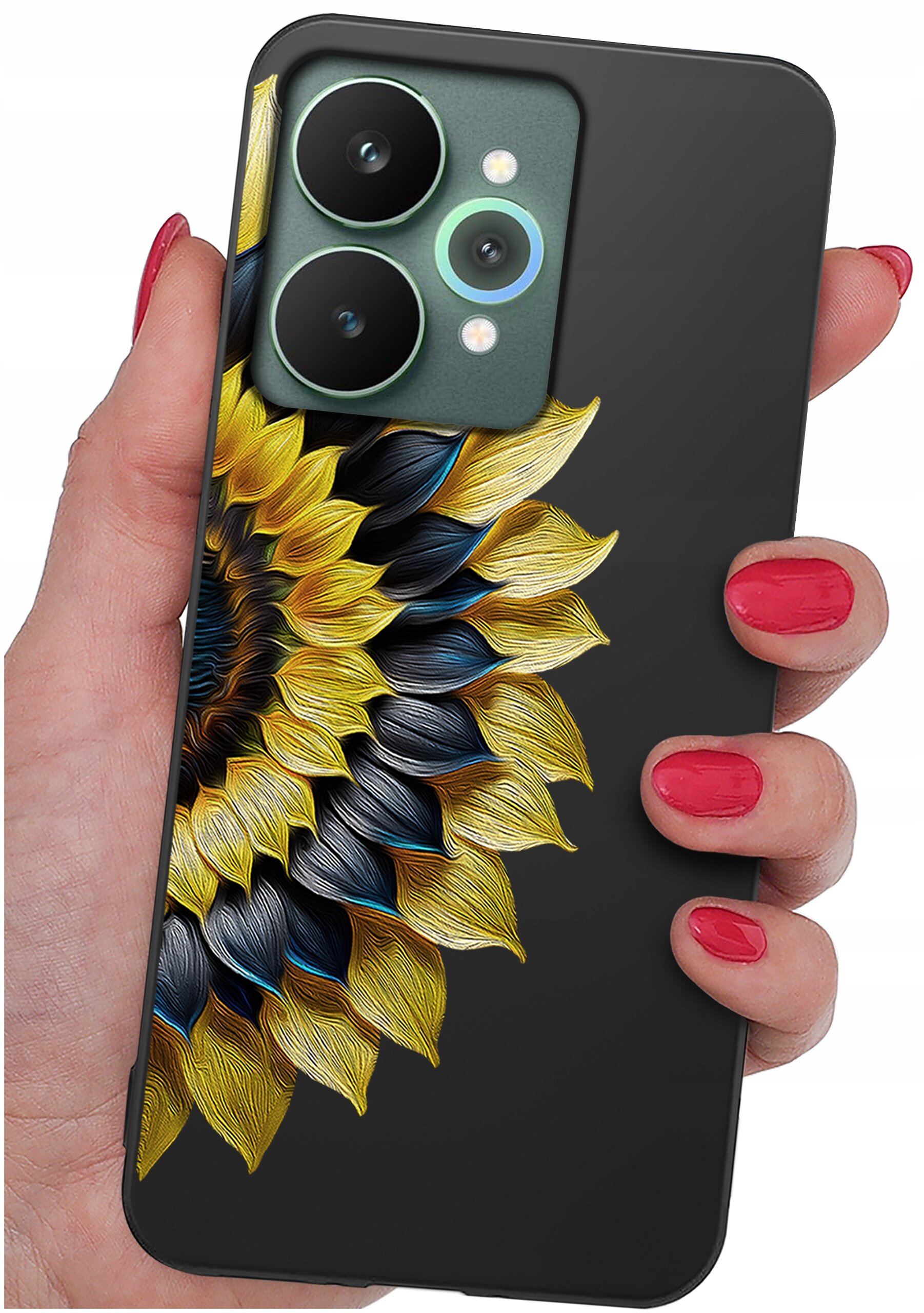 Osoba trzyma telefon z etui ozdobionym wzorem przypominającym słonecznik w kolorach żółtym, niebieskim i czarnym. Etui ma matowe wykończenie i wycięcia na aparat.