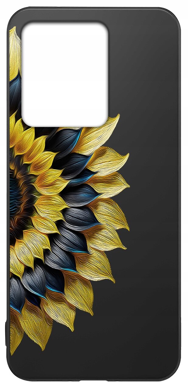 Etui na telefon z wzorem słonecznika na czarnym tle, z wycięciem na aparat w górnej części.