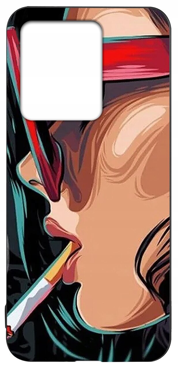 Etui na telefon z kolorowym, graficznym wzorem przedstawiającym twarz z opaską na oczach i papierosem w ustach. Etui ma wycięcie na aparat w górnej części.