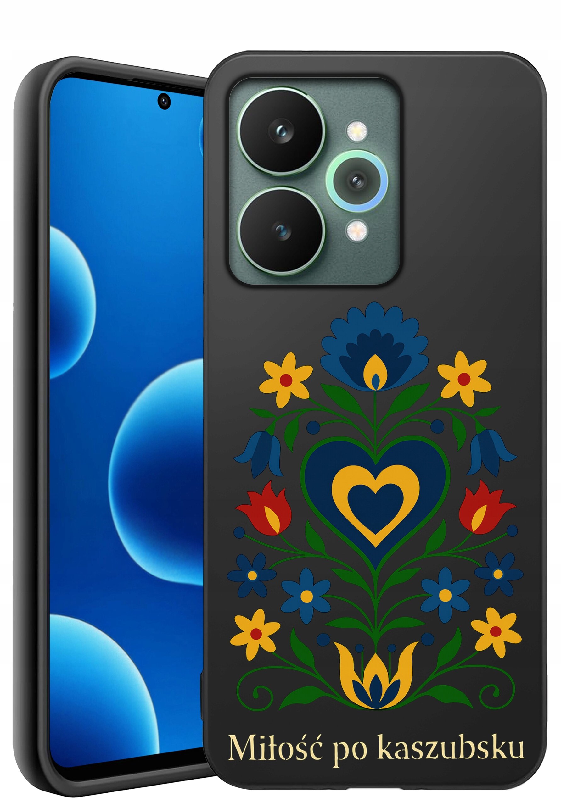 Etui na telefon z kolorowym, ludowym wzorem kwiatowym oraz napisem \'Miłość po kaszubsku\'.